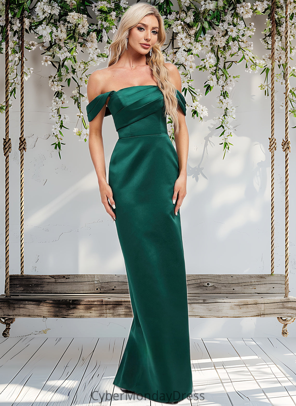 Kali Sheath/Column Off the Shoulder Floor-Length Satin Bridesmaid Dress DTP0025815