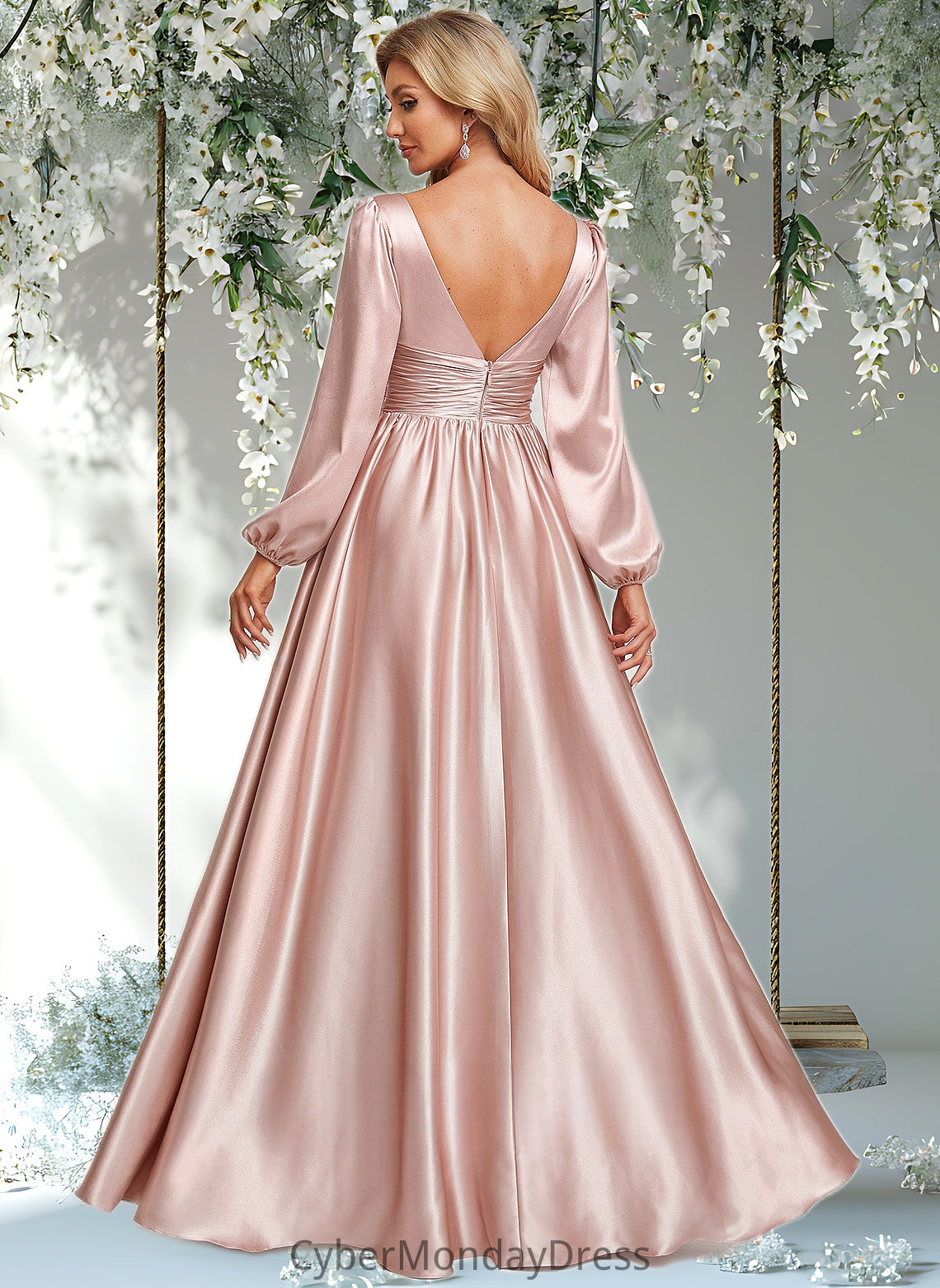 Anna A-line V-Neck Floor-Length Stretch Satin Prom Dresses DTP0025880