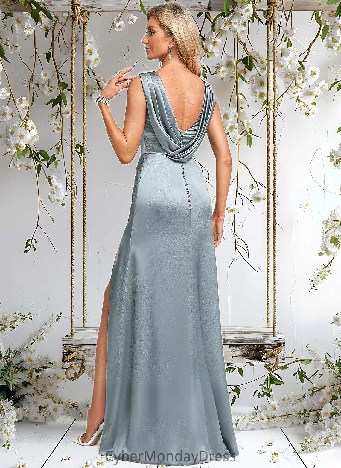 Ashlee A-line Scoop Cowl Floor-Length Stretch Satin Prom Dresses DTP0025878