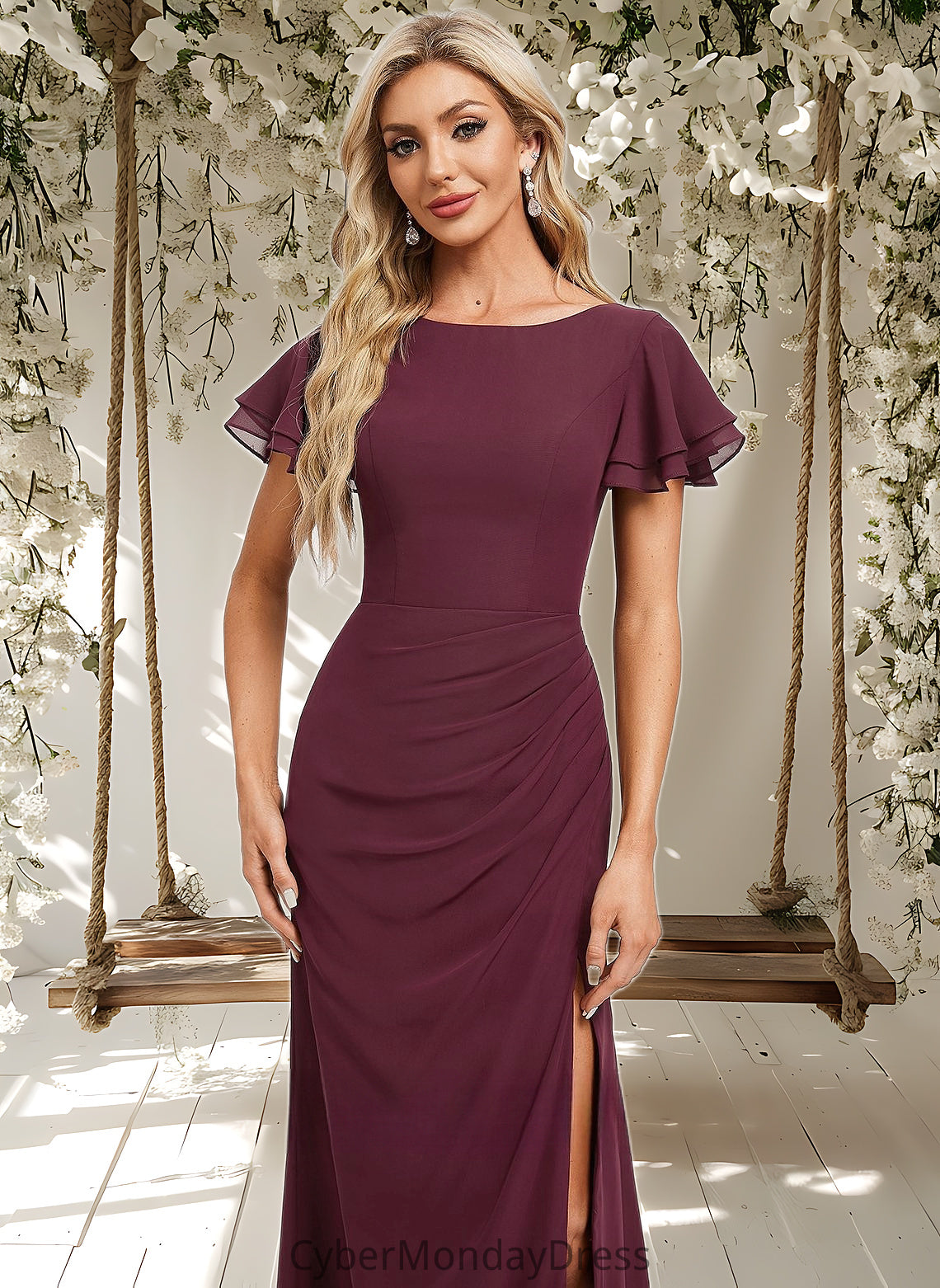 Kaitlin A-line Boat Neck Floor-Length Chiffon Bridesmaid Dress With Ruffle DTP0025827