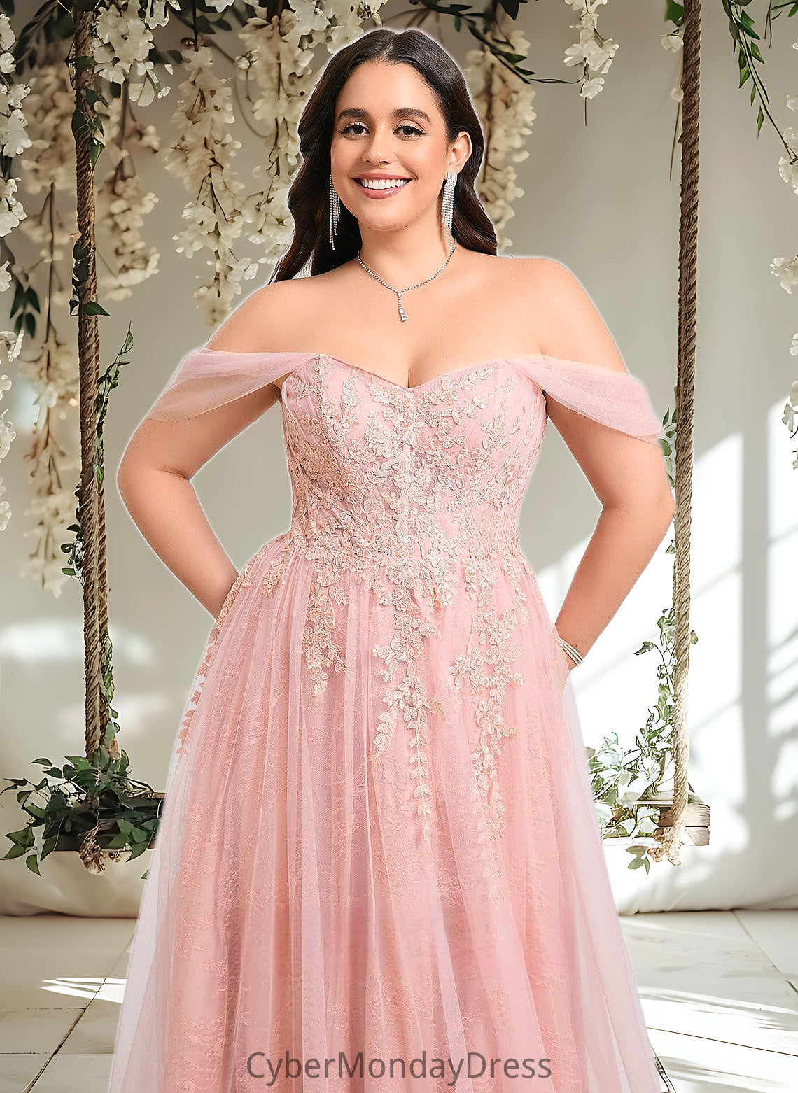 Diya A-line Sweetheart Off the Shoulder Floor-Length Tulle Floral Lace Prom Dresses With Appliques Lace DTP0025870