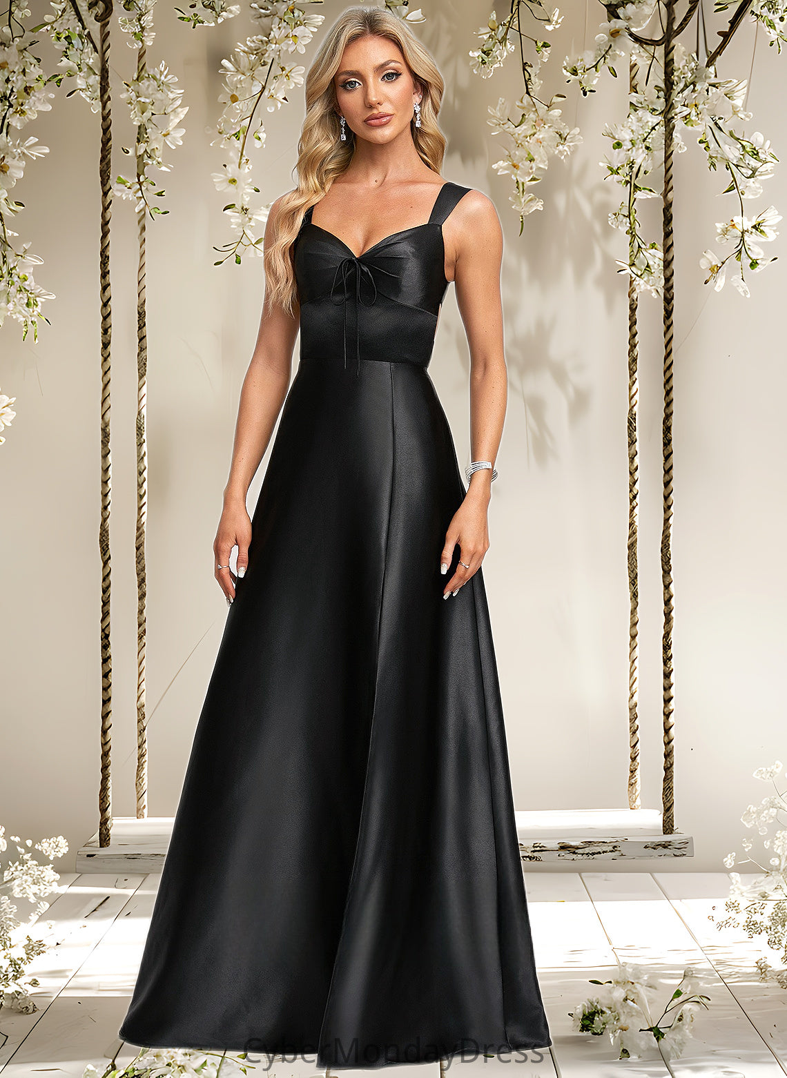 Briana A-line V-Neck Floor-Length Stretch Satin Prom Dresses With Bow DTP0025882