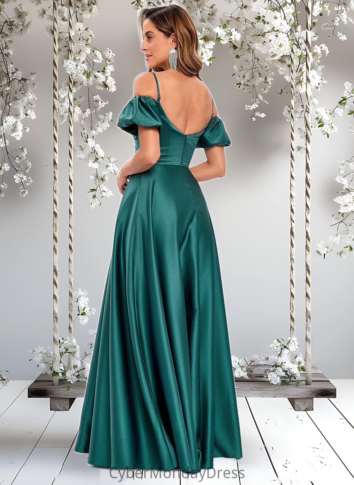 Isabela A-line Off the Shoulder Sweetheart Floor-Length Satin Prom Dresses DTP0025852