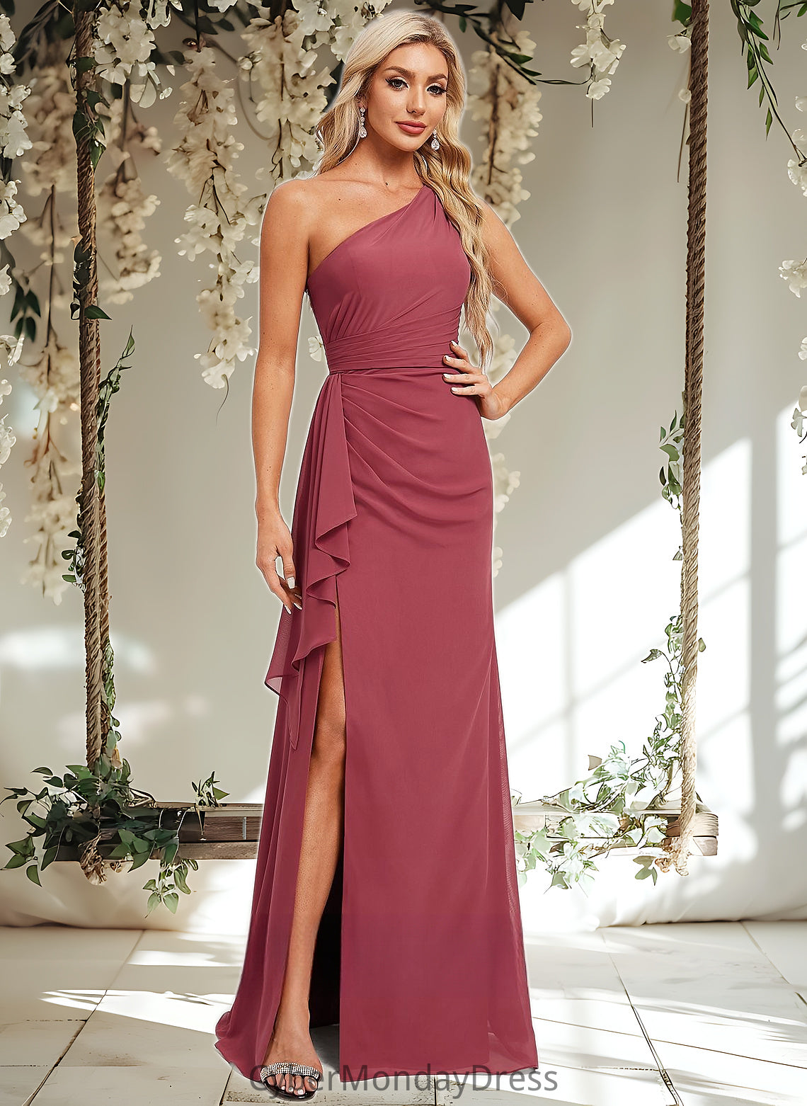 Vicky A-line One Shoulder Floor-Length Chiffon Bridesmaid Dress With Ruffle DTP0025824