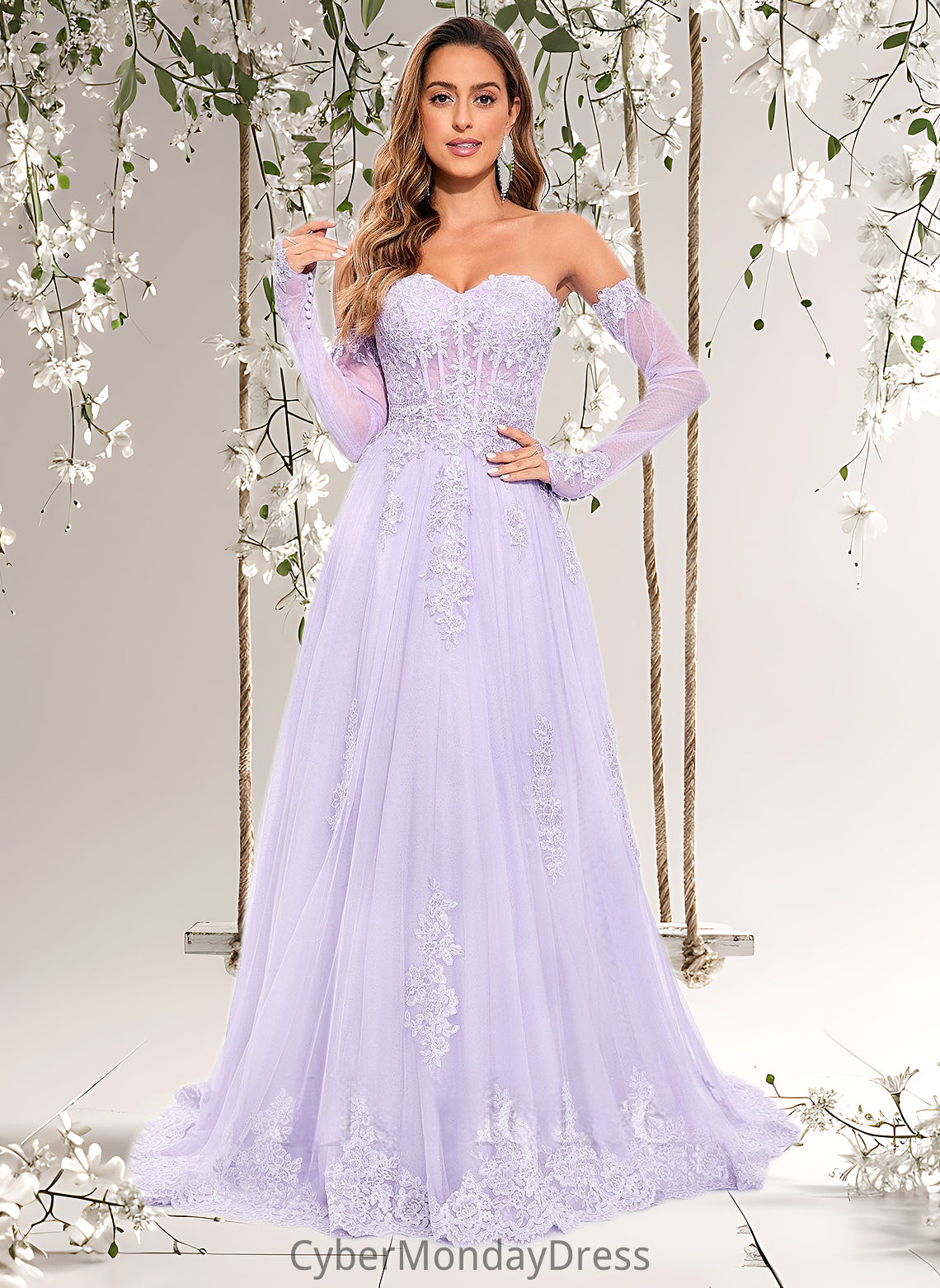 Averi A-line Sweetheart Sweep Train Tulle Prom Dresses With Sequins Appliques Lace DTP0025856