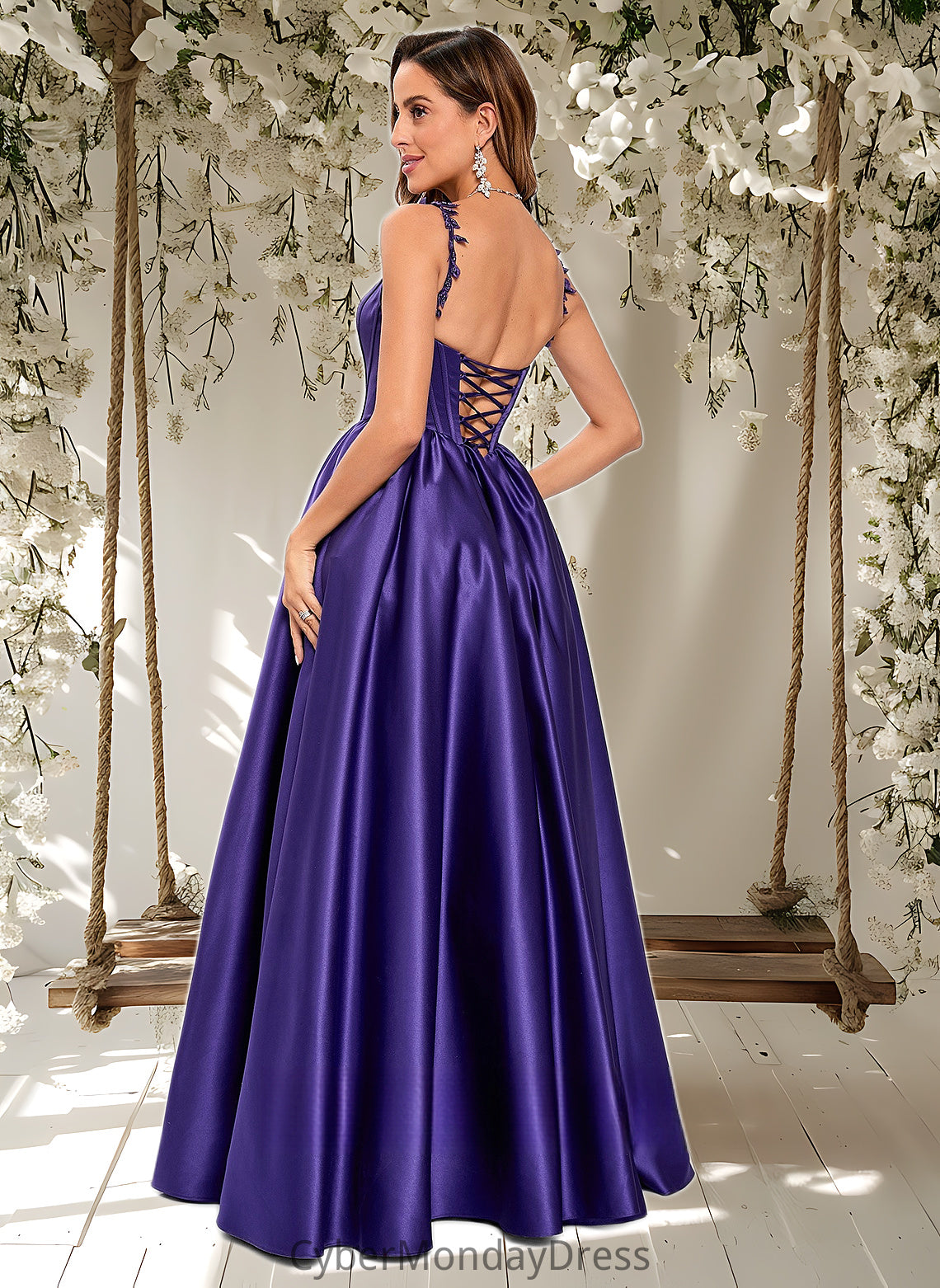 Minnie Ball-Gown/Princess Scoop Floor-Length Satin Prom Dresses With Appliques Lace Beading DTP0025865