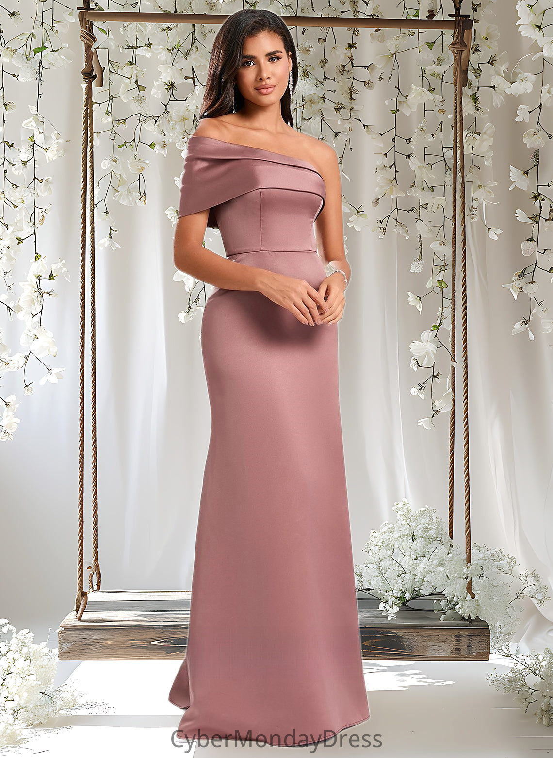 Cheyanne A-line Asymmetrical Off the Shoulder Floor-Length Satin Prom Dresses DTP0025884