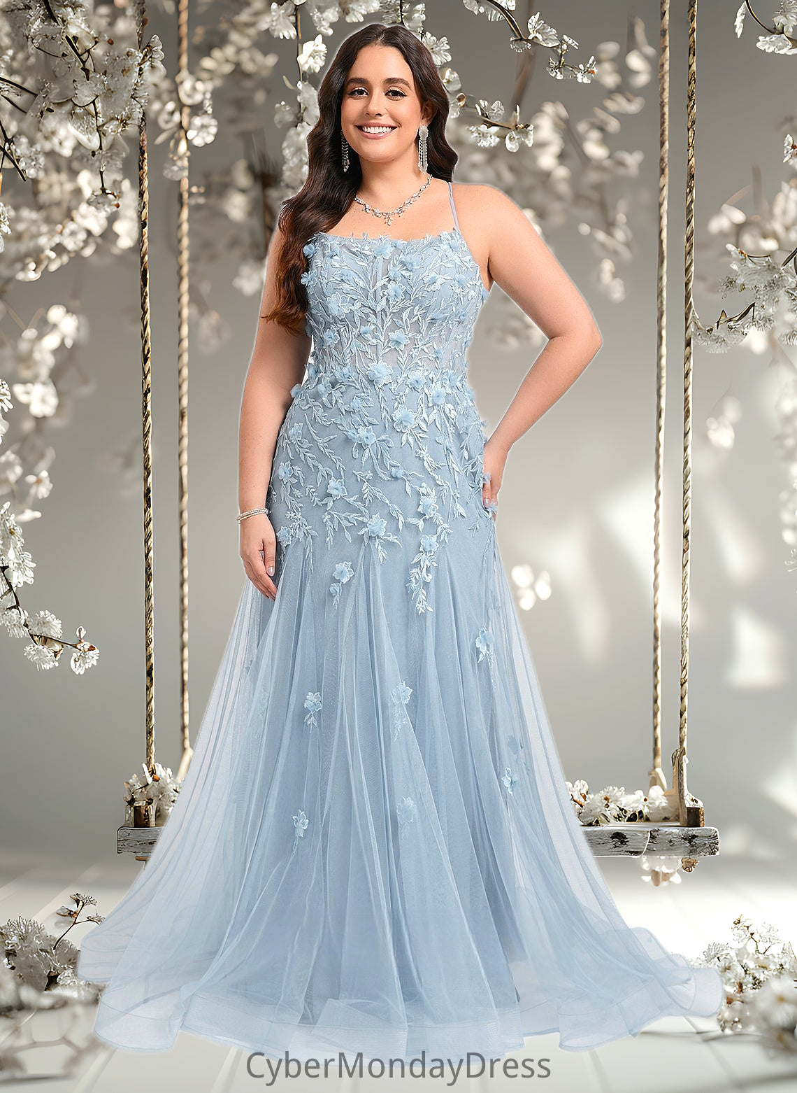 Everly Trumpet/Mermaid Straight Sweep Train Tulle Prom Dresses With Flower DTP0025866