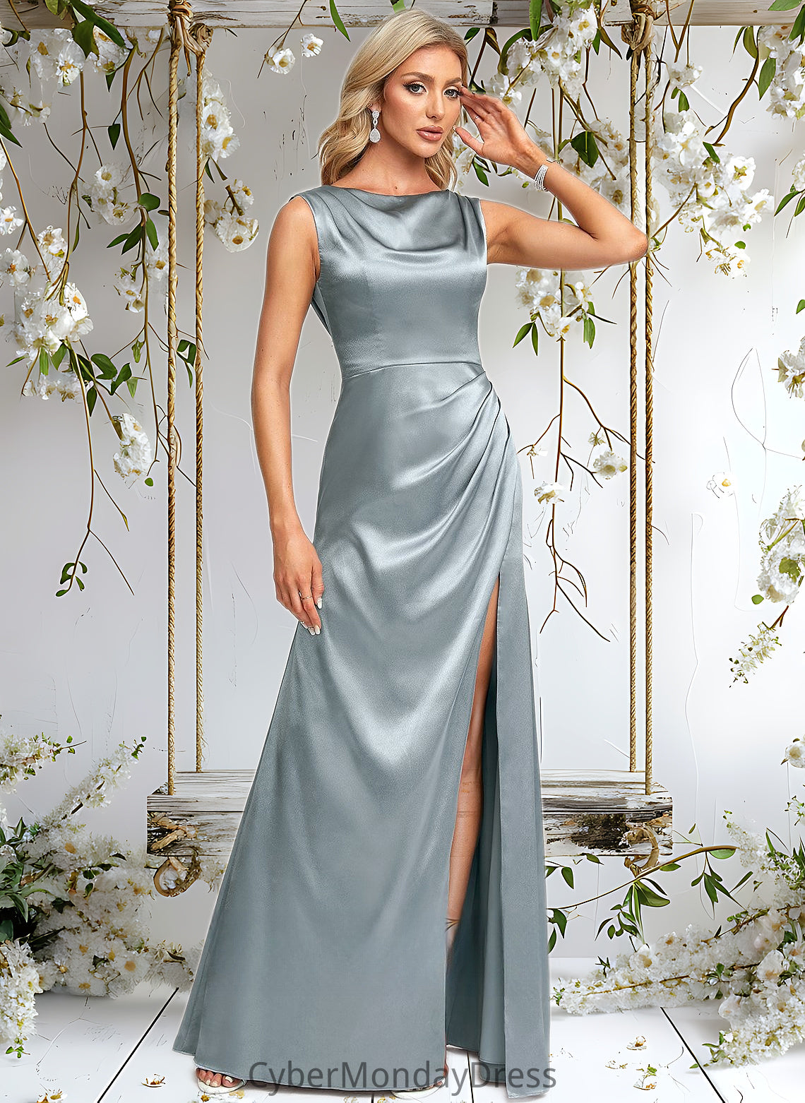 Ashlee A-line Scoop Cowl Floor-Length Stretch Satin Prom Dresses DTP0025878