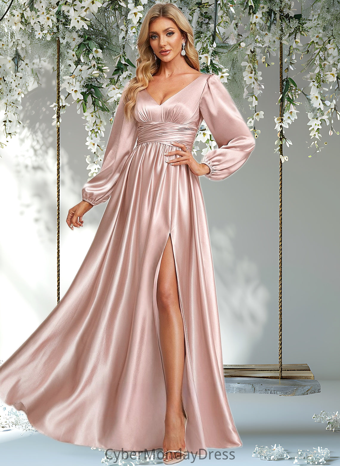 Anna A-line V-Neck Floor-Length Stretch Satin Prom Dresses DTP0025880