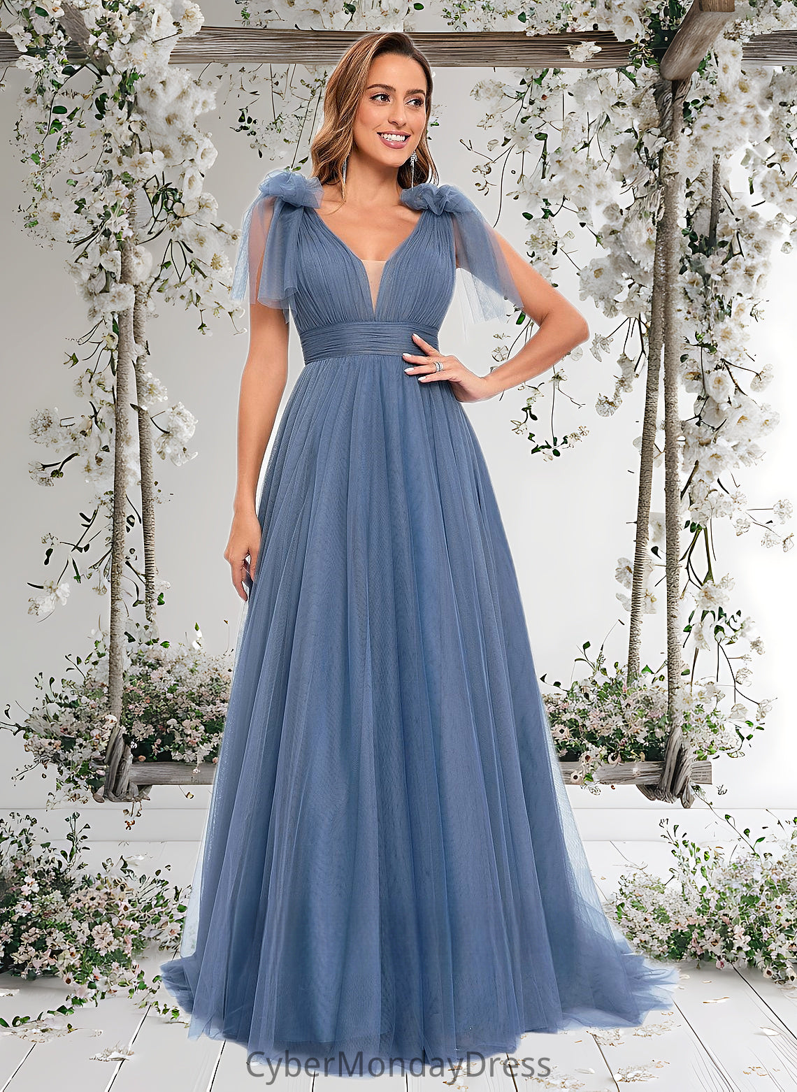 Lilia A-line V-Neck Sweep Train Tulle Prom Dresses With Bow DTP0025854