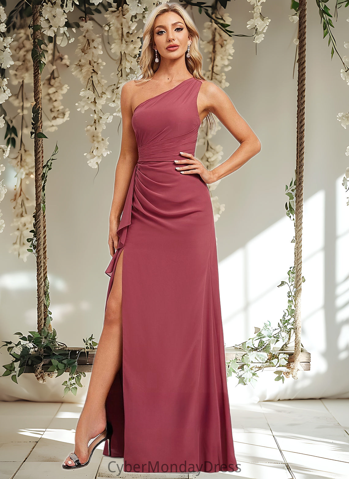 Vicky A-line One Shoulder Floor-Length Chiffon Bridesmaid Dress With Ruffle DTP0025824