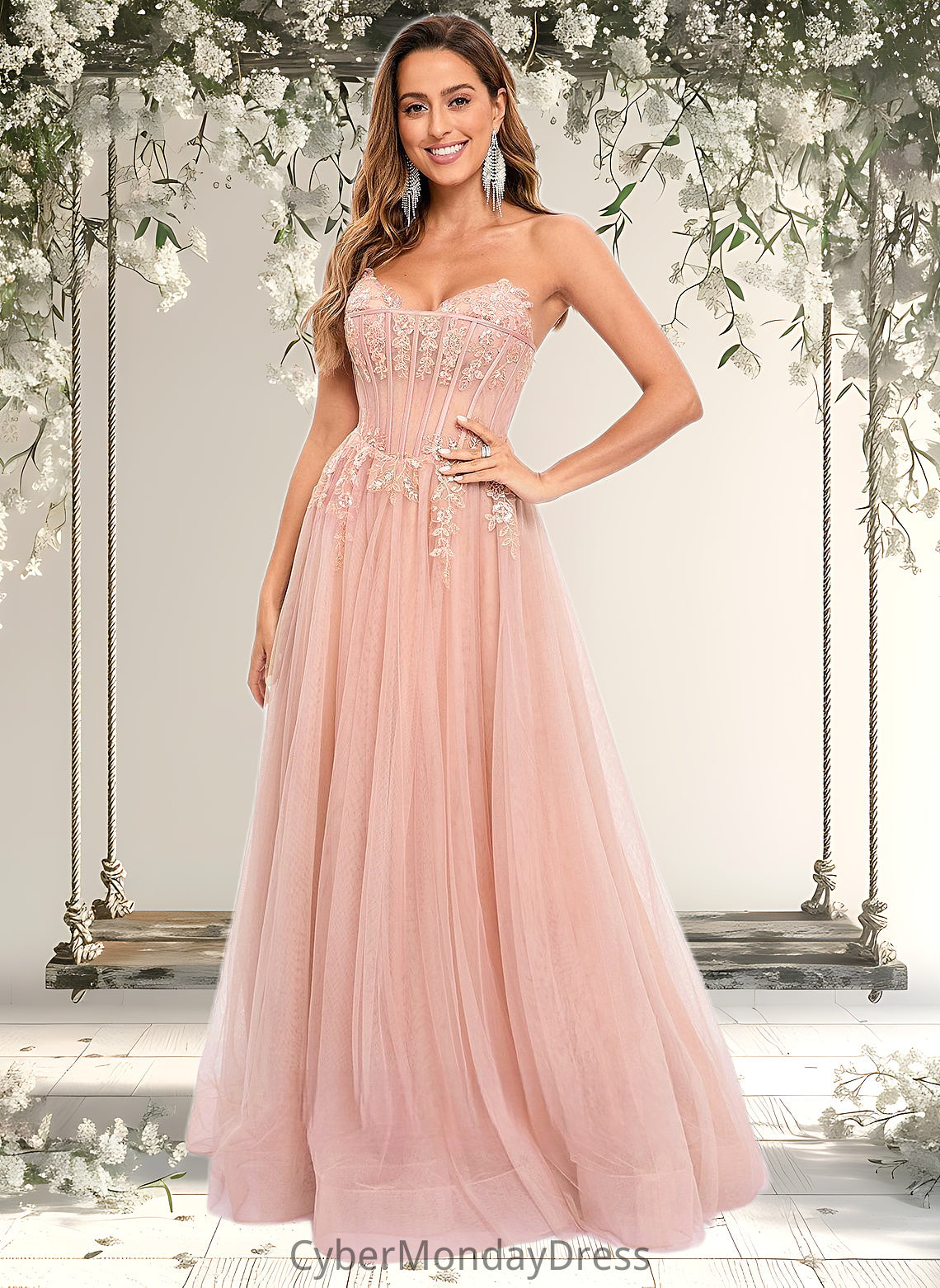 Morgan Ball-Gown/Princess V-Neck Floor-Length Tulle Prom Dresses With Sequins Appliques Lace DTP0025837