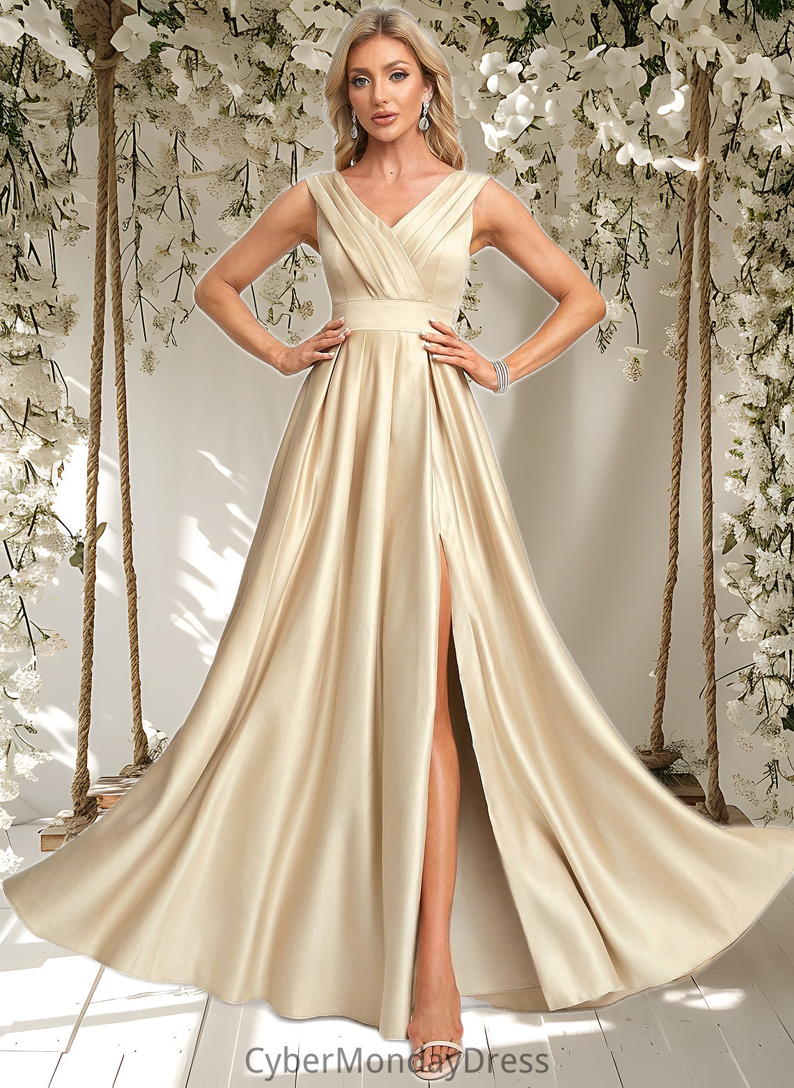 Reese A-line V-Neck Floor-Length Satin Prom Dresses DTP0025877