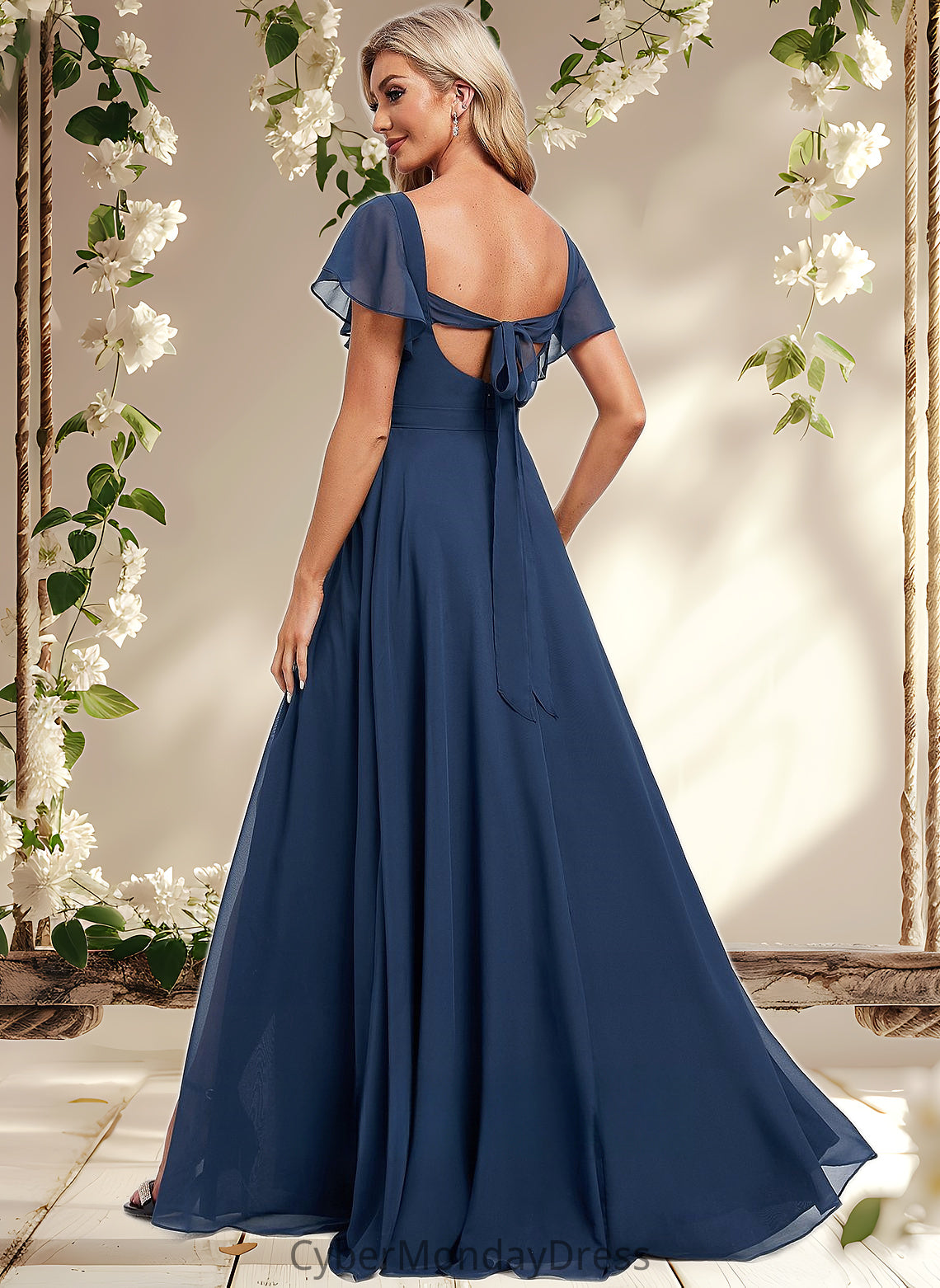 Carmen A-line V-Neck Floor-Length Chiffon Bridesmaid Dress With Ruffle DTP0025802