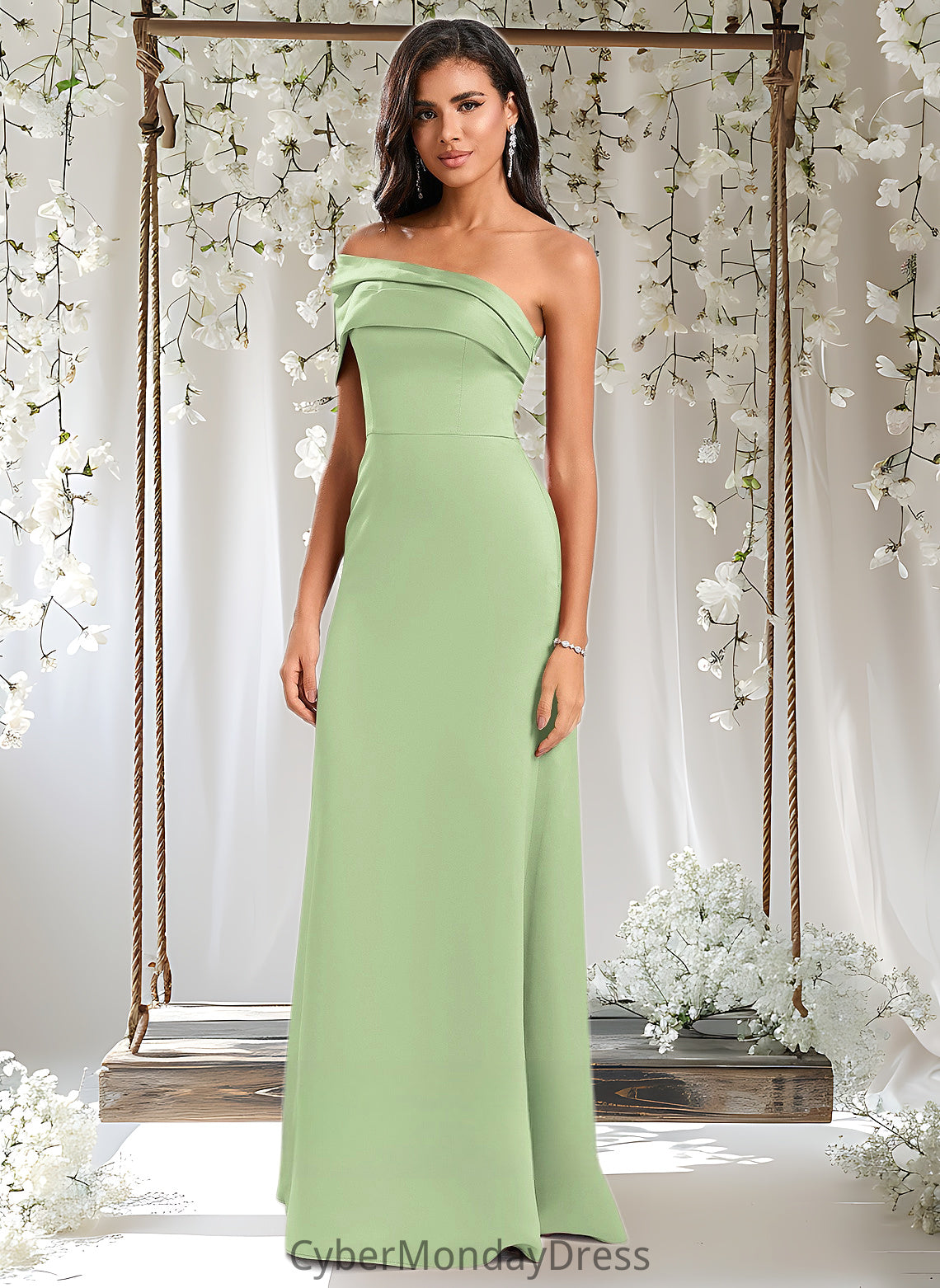 Cheyanne A-line Asymmetrical Off the Shoulder Floor-Length Satin Prom Dresses DTP0025884