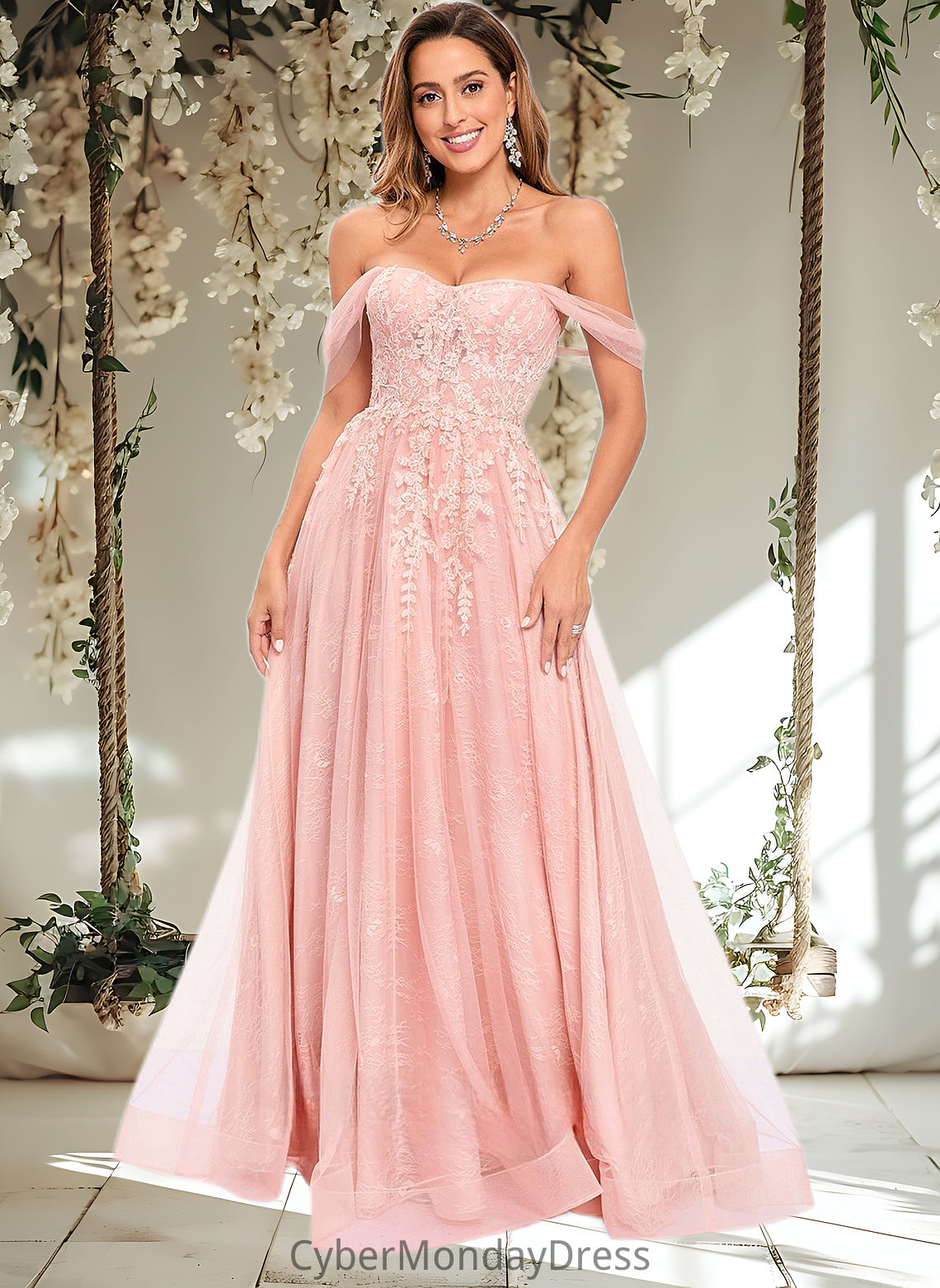 Diya A-line Sweetheart Off the Shoulder Floor-Length Tulle Floral Lace Prom Dresses With Appliques Lace DTP0025870