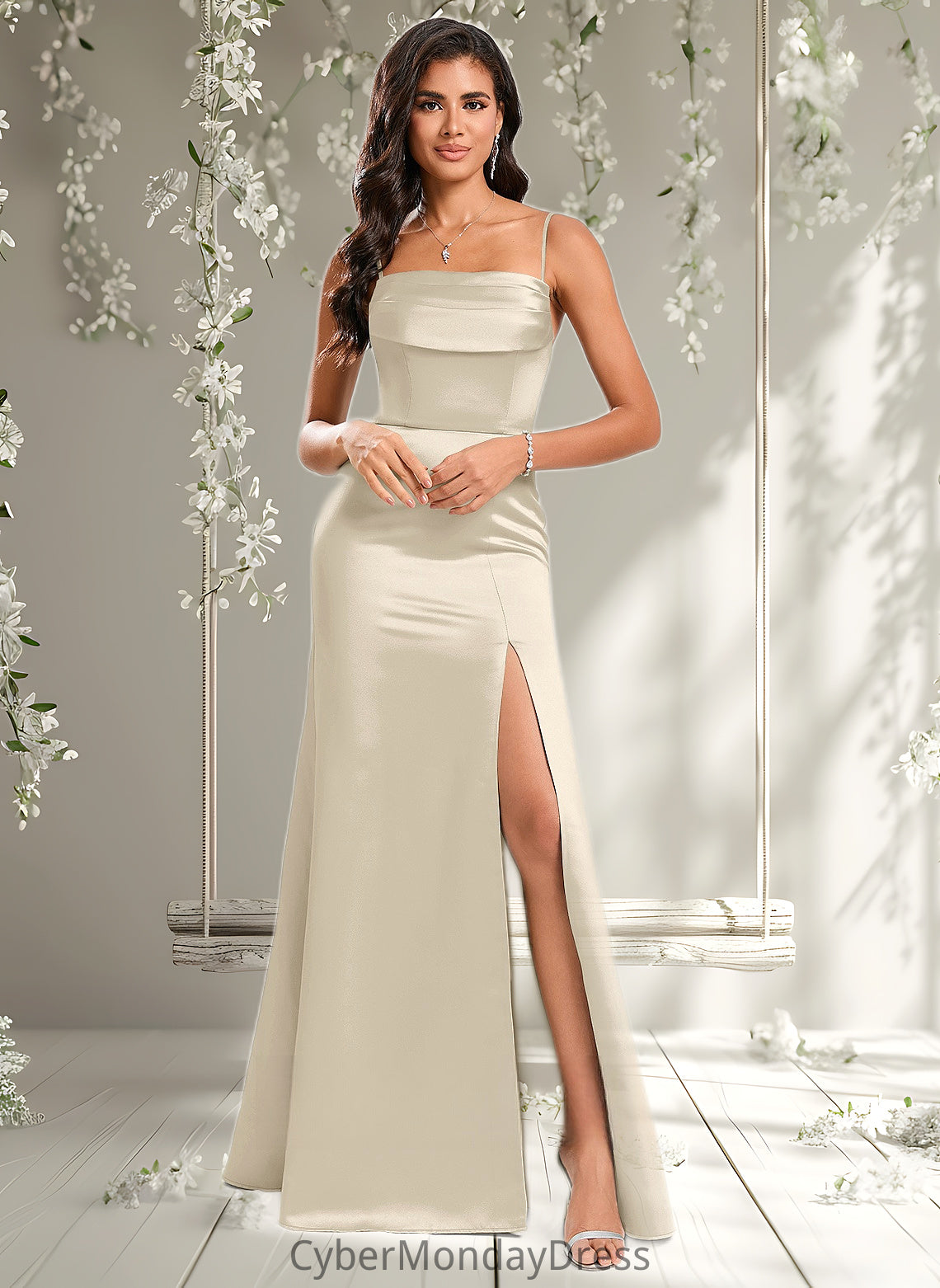 Peyton Trumpet/Mermaid Off the Shoulder Square Floor-Length Satin Prom Dresses With Ruffle DTP0025883