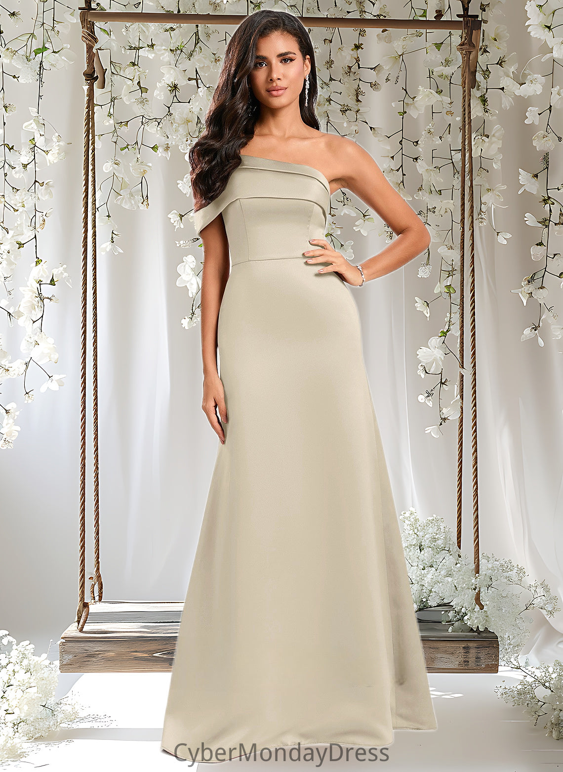 Cheyanne A-line Asymmetrical Off the Shoulder Floor-Length Satin Prom Dresses DTP0025884