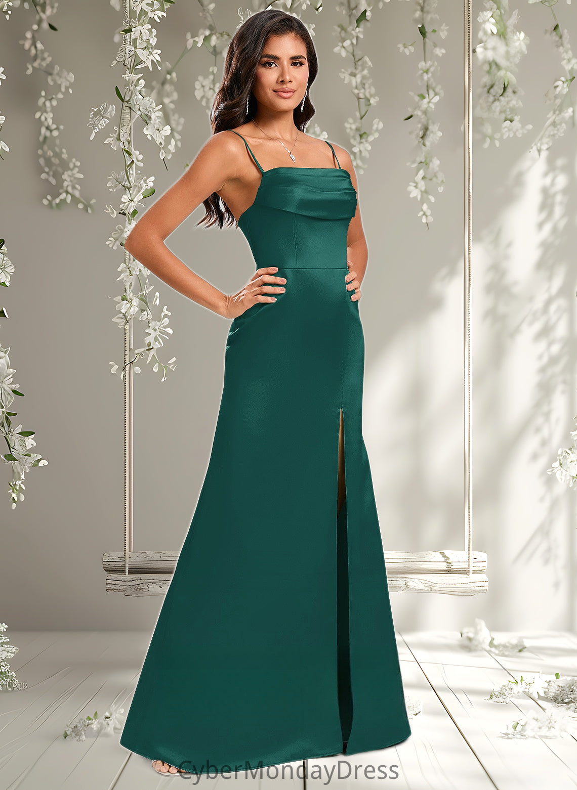 Peyton Trumpet/Mermaid Off the Shoulder Square Floor-Length Satin Prom Dresses With Ruffle DTP0025883