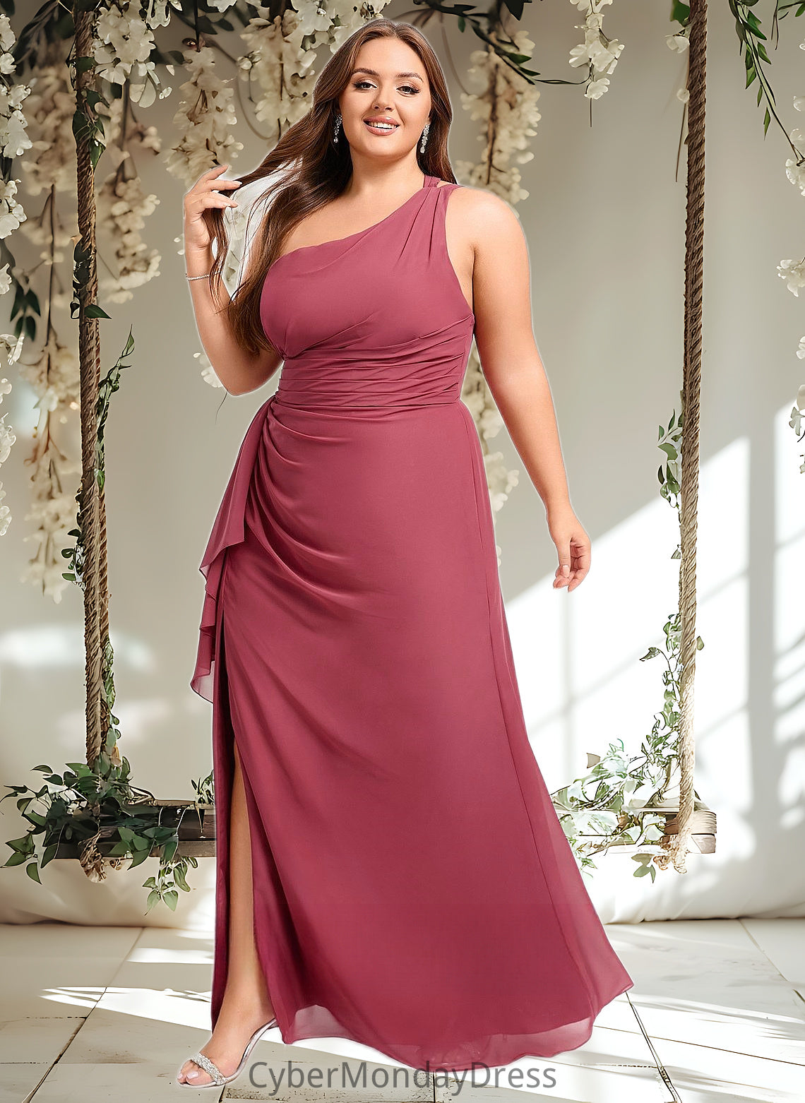 Vicky A-line One Shoulder Floor-Length Chiffon Bridesmaid Dress With Ruffle DTP0025824