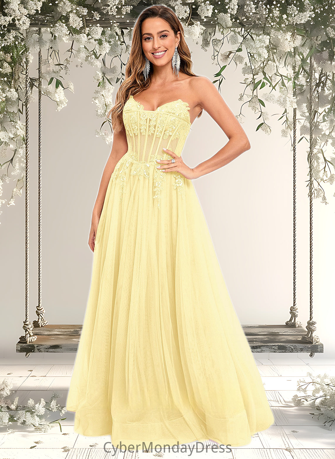 Morgan Ball-Gown/Princess V-Neck Floor-Length Tulle Prom Dresses With Sequins Appliques Lace DTP0025837