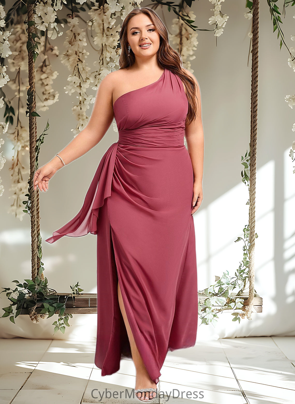 Vicky A-line One Shoulder Floor-Length Chiffon Bridesmaid Dress With Ruffle DTP0025824