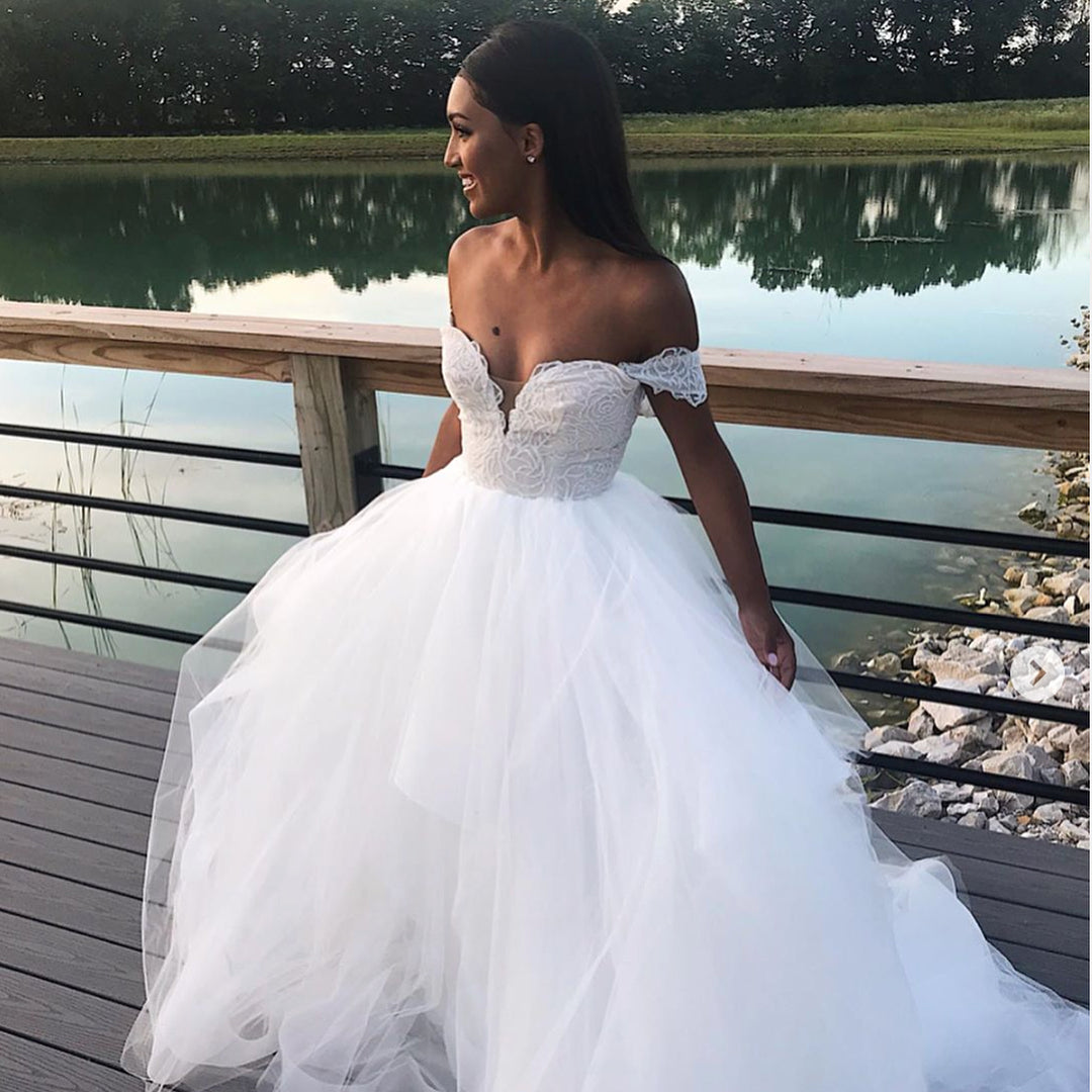 A-line Tulle White Long Prom Dresses, Off-Shoulder Wedding Dresses