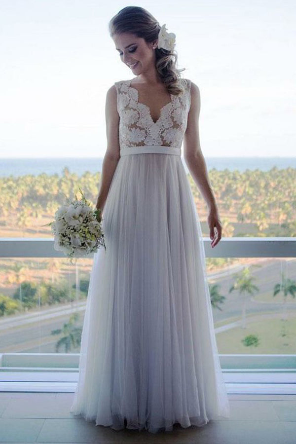 Elegant V Neck A Line Lace Wedding Dresses Long Bridal Gown