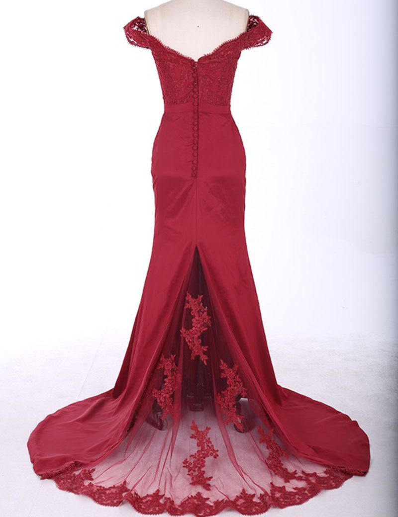 Red Sheath Sweep Train Off Shoulder Mid Back Appliques Prom Dresses