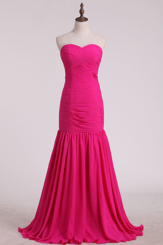 2024 Fuchsia Sweetheart Ruched Bodice Bridesmaid Dresses Mermaid/Trumpet Chiffon Floor Length