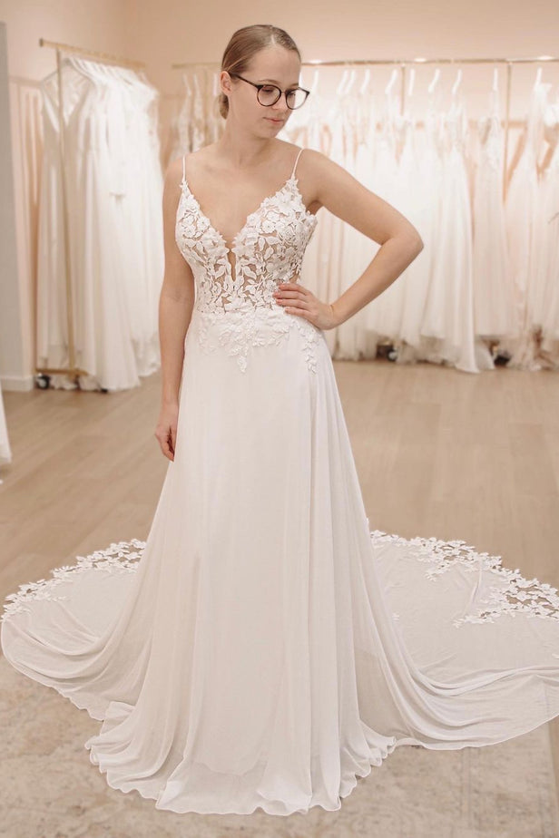 Fairy A Line V Neck Chiffon Long Wedding Dresses with Appliques