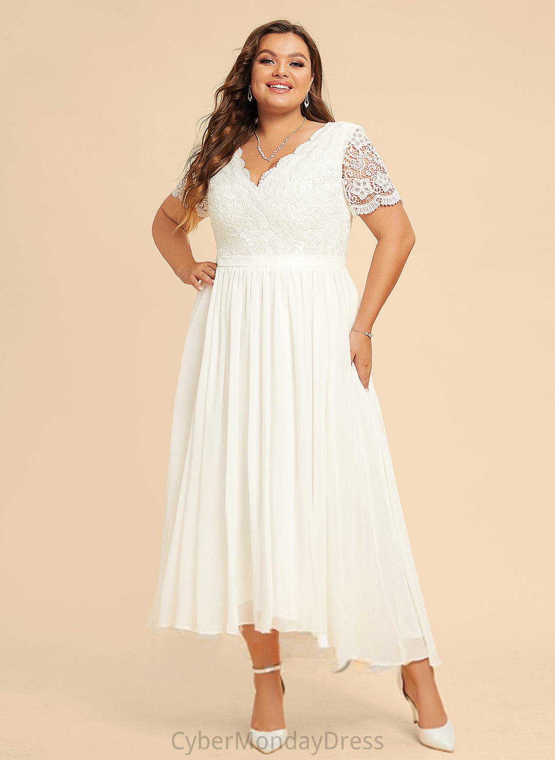 Chiffon V-neck Asymmetrical Nyasia Wedding Lace Dress Wedding Dresses A-Line