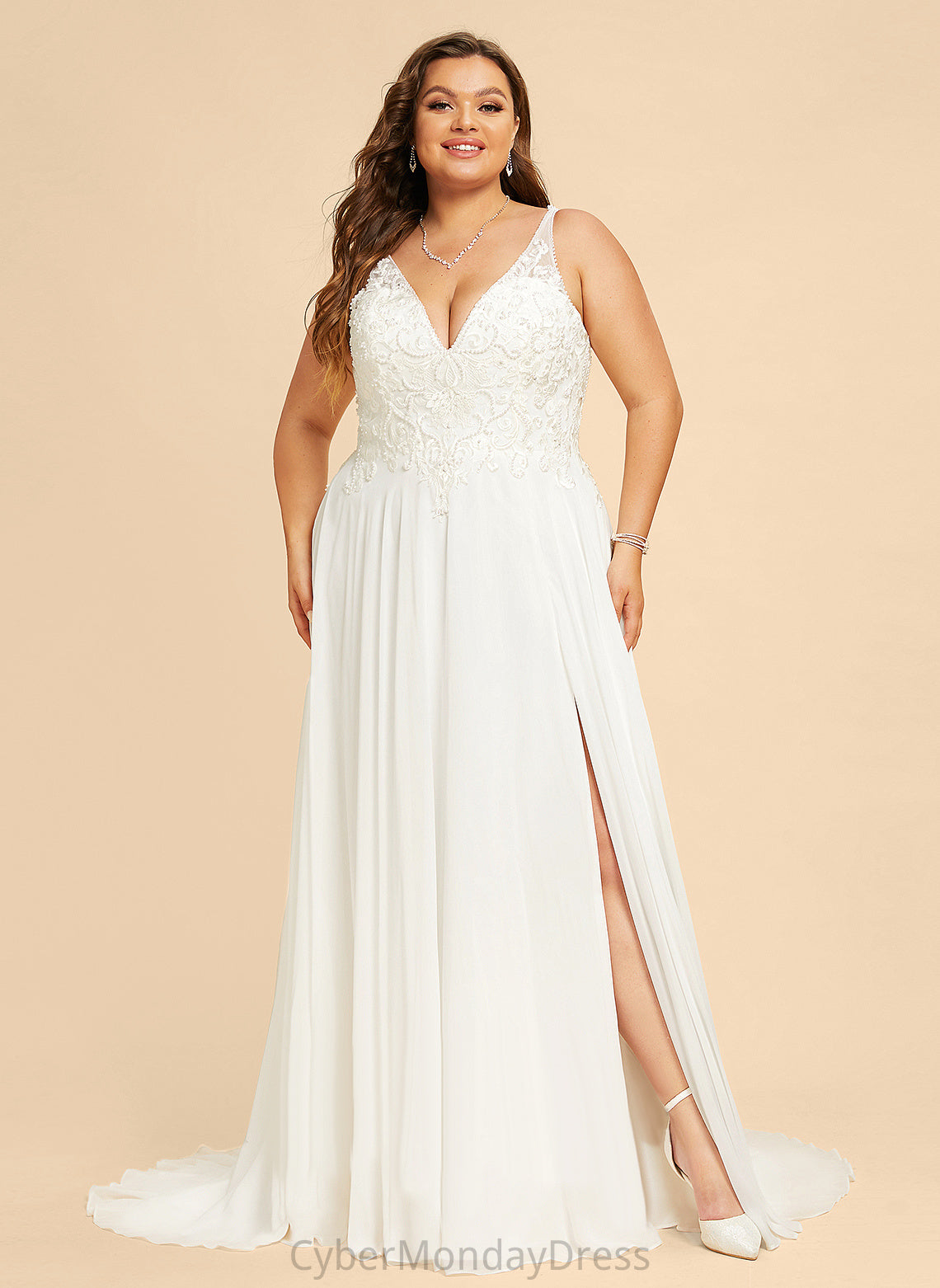 Train With Sequins Beading Lace Dress Front Wedding Wedding Dresses Dalia Chiffon Split Sweep A-Line V-neck