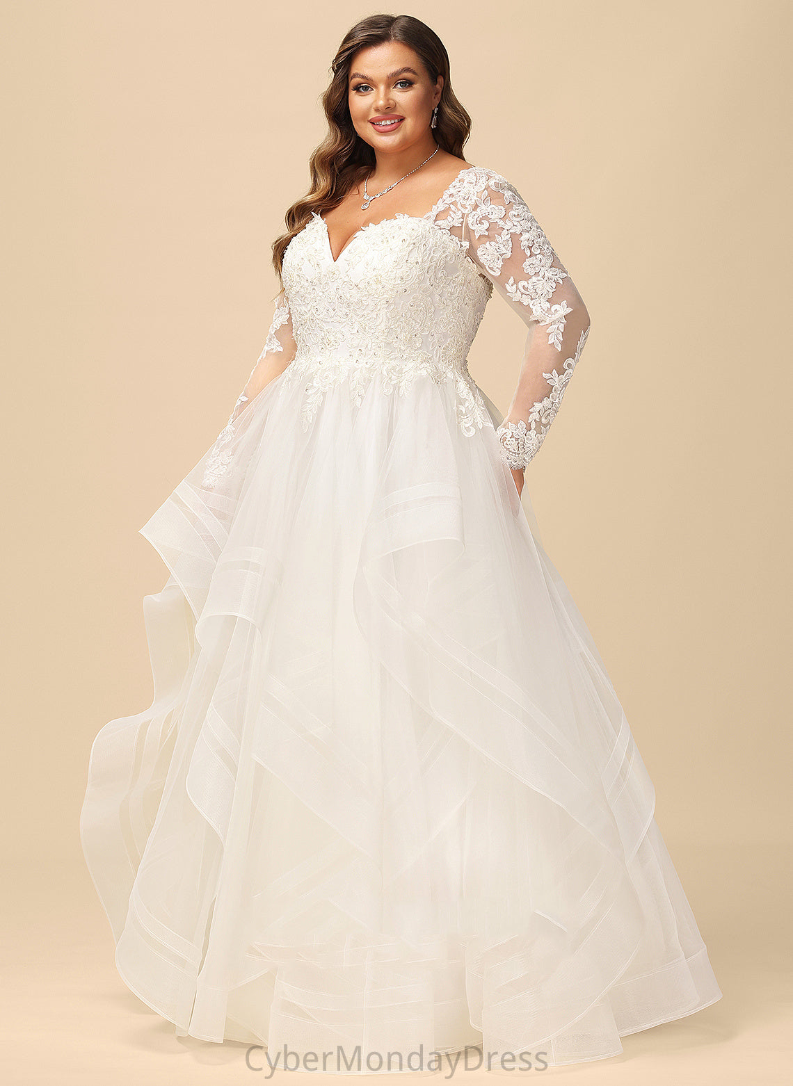 Floor-Length With Sequins Wedding Dresses Tulle Dress Wedding Ball-Gown/Princess Beading Kianna V-neck Lace