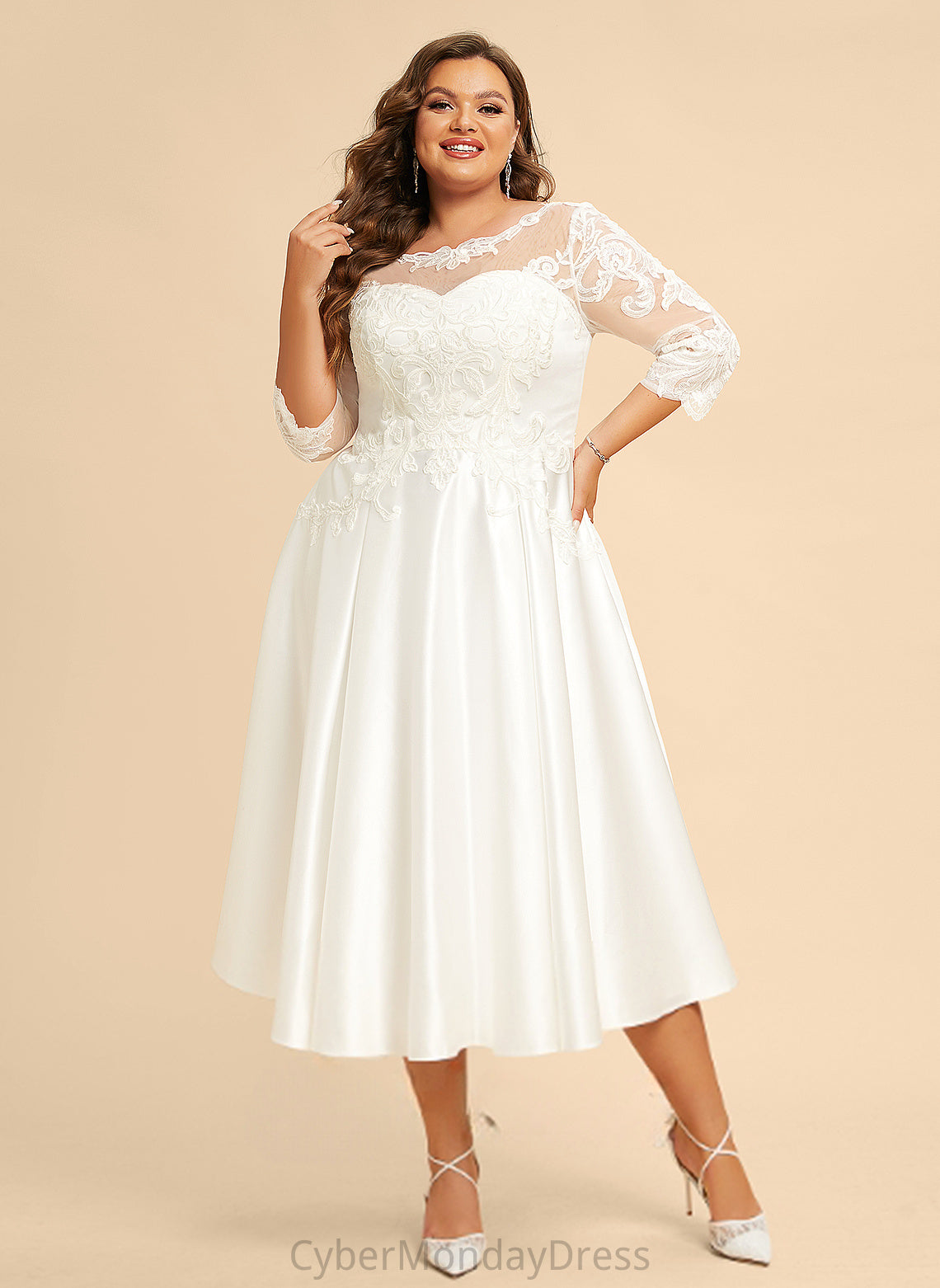 Dress A-Line Lace Tea-Length Gladys Wedding Dresses Illusion Satin Wedding