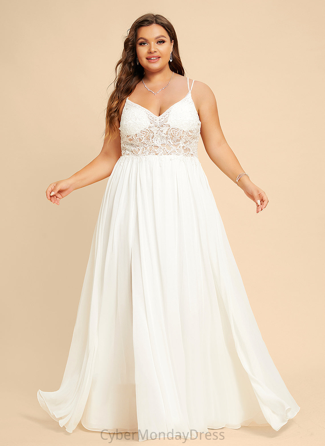 Abigayle Floor-Length Front Wedding Wedding Dresses With V-neck Split Dress A-Line Beading Lace Chiffon