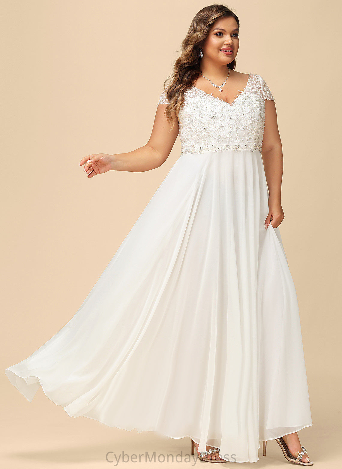 Chiffon Floor-Length Wedding With Lace V-neck Wedding Dresses A-Line Sequins Beading Dress Jazlynn