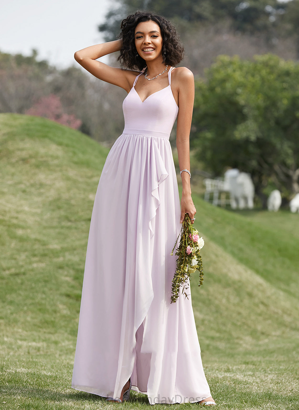 Neckline Embellishment SplitFront Length V-neck A-Line Silhouette Fabric Ruffle Asymmetrical Jada Bridesmaid Dresses