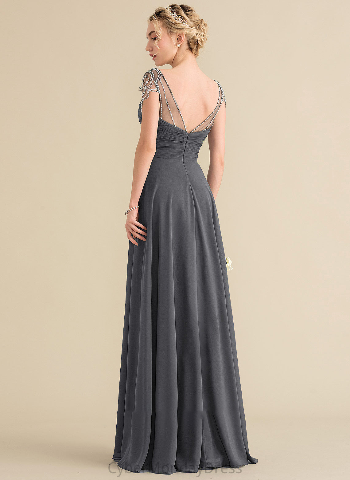 Ruffle Neckline Beading Sequins V-neck Fabric Length Floor-Length A-Line Silhouette Embellishment Aleena Bridesmaid Dresses