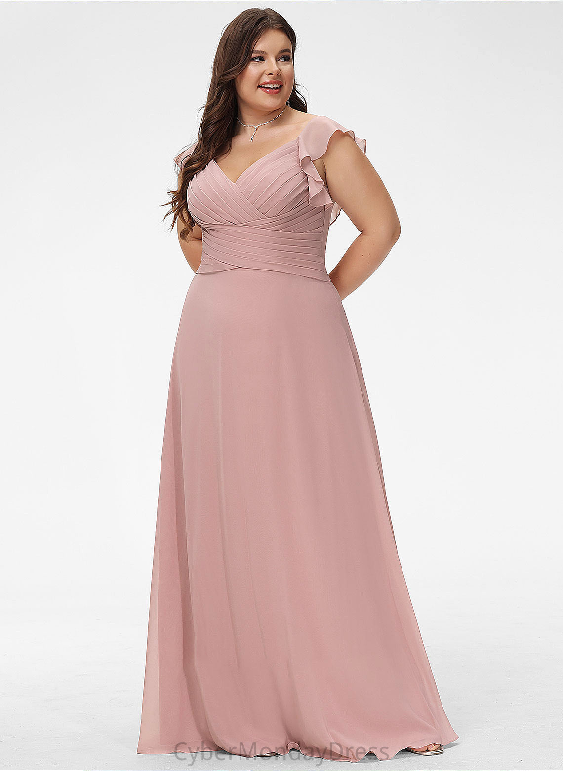 CascadingRuffles Floor-Length Neckline Silhouette Length V-neck Embellishment Empire Fabric Delilah Floor Length A-Line/Princess Bridesmaid Dresses