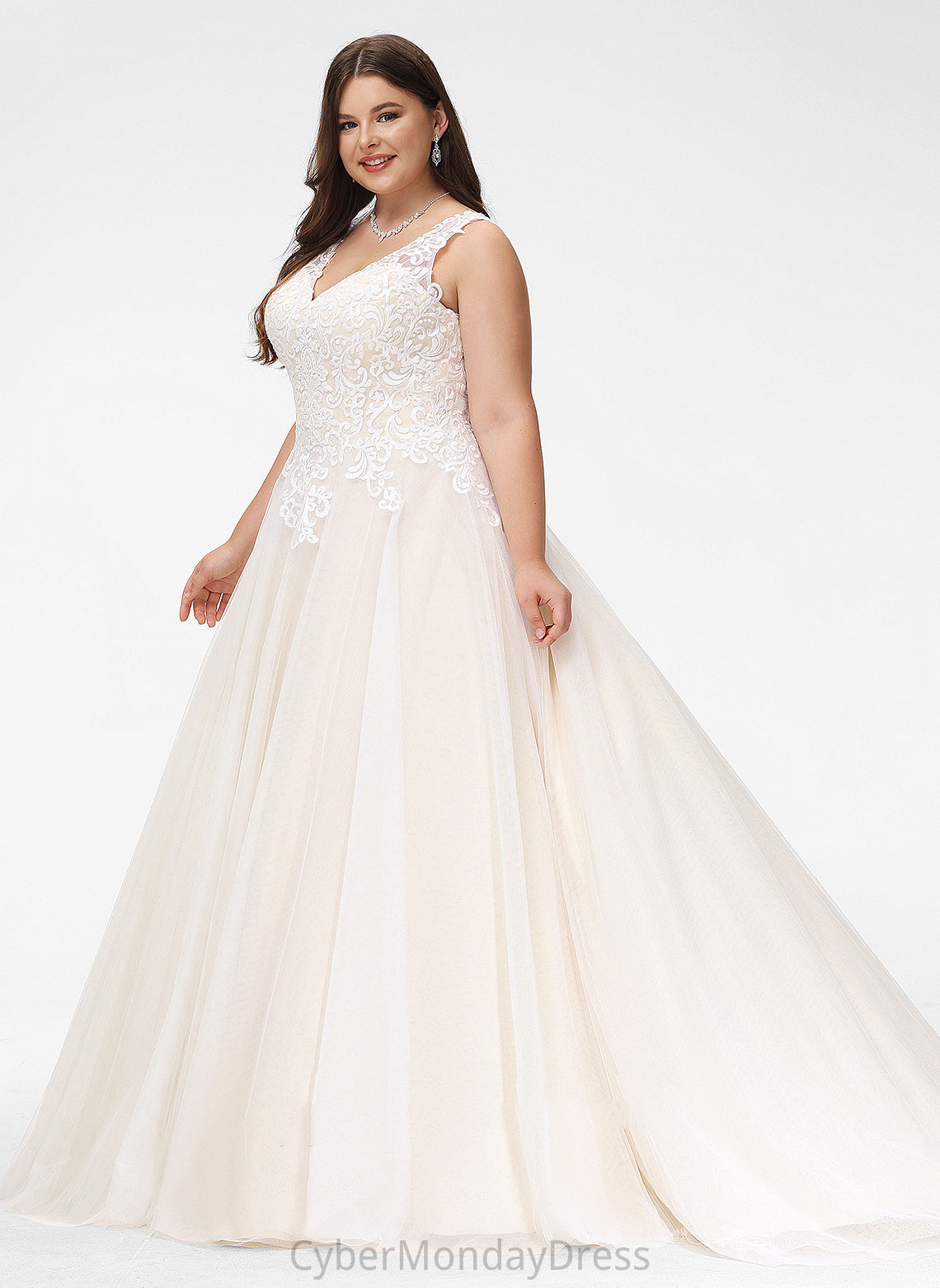 Wedding Blanche Tulle V-neck Wedding Dresses Lace Ball-Gown/Princess Court Train Dress