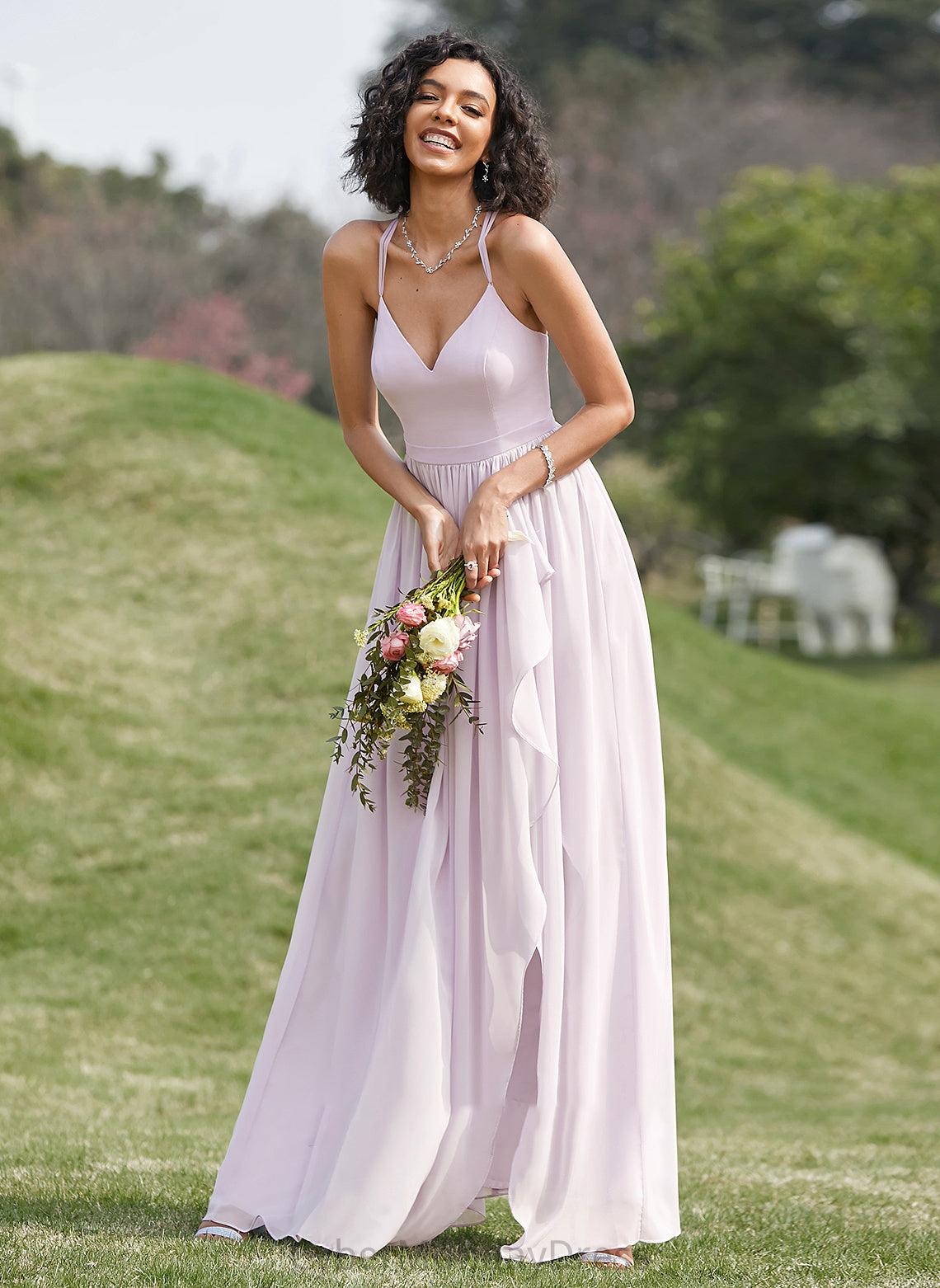 Neckline Embellishment SplitFront Length V-neck A-Line Silhouette Fabric Ruffle Asymmetrical Jada Bridesmaid Dresses