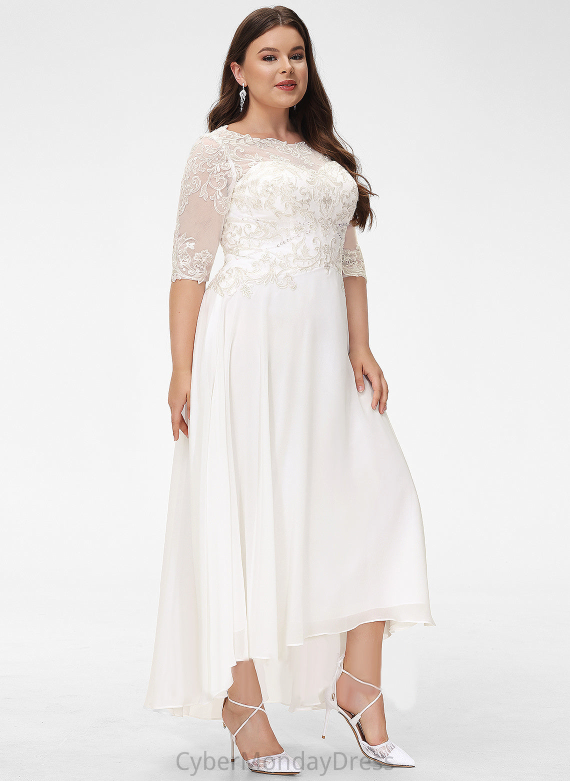 Lace Dress A-Line Beading Scoop Wedding Melina Sequins Neck Chiffon Wedding Dresses Asymmetrical With