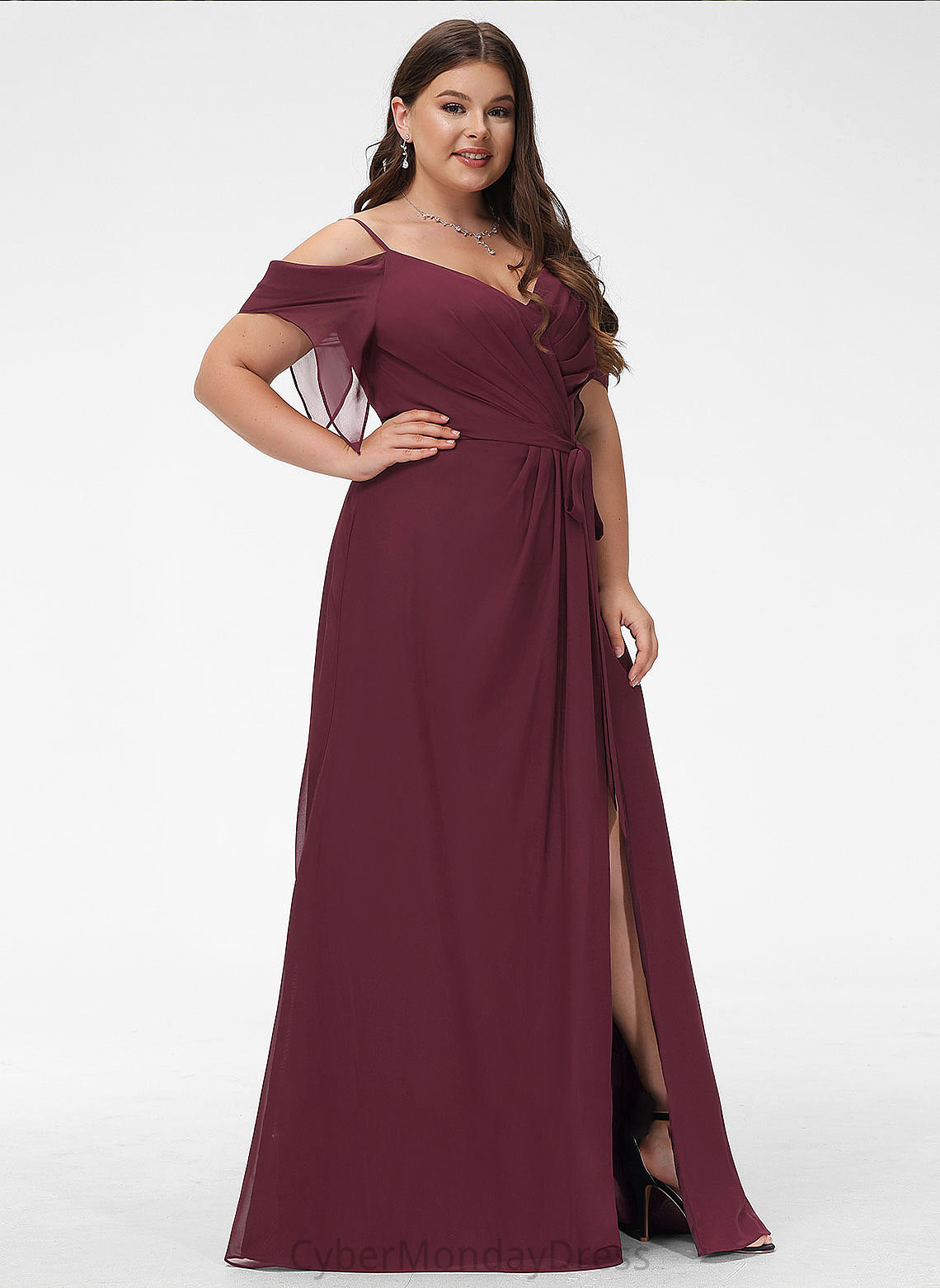 Neckline SplitFront Silhouette V-neck Ruffle A-Line Embellishment Fabric Floor-Length Length Anabelle Bridesmaid Dresses