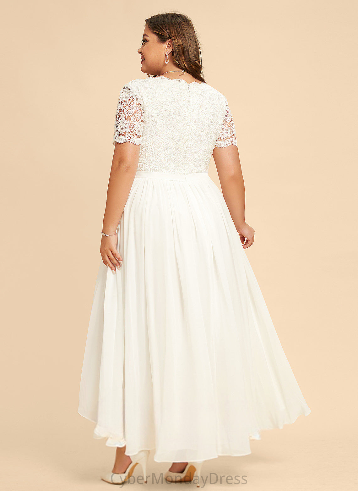 Chiffon V-neck Asymmetrical Nyasia Wedding Lace Dress Wedding Dresses A-Line