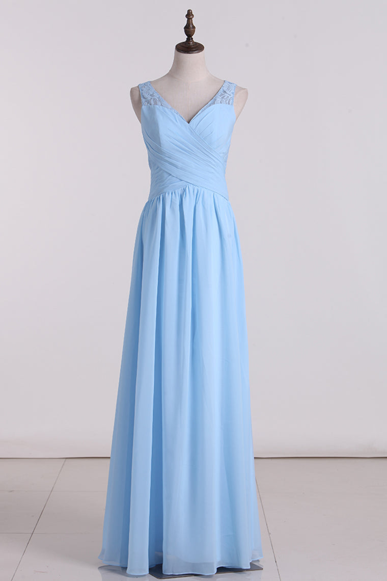 2024 A Line V Neck Chiffon & Lace Bridesmaid Dresses Floor Length