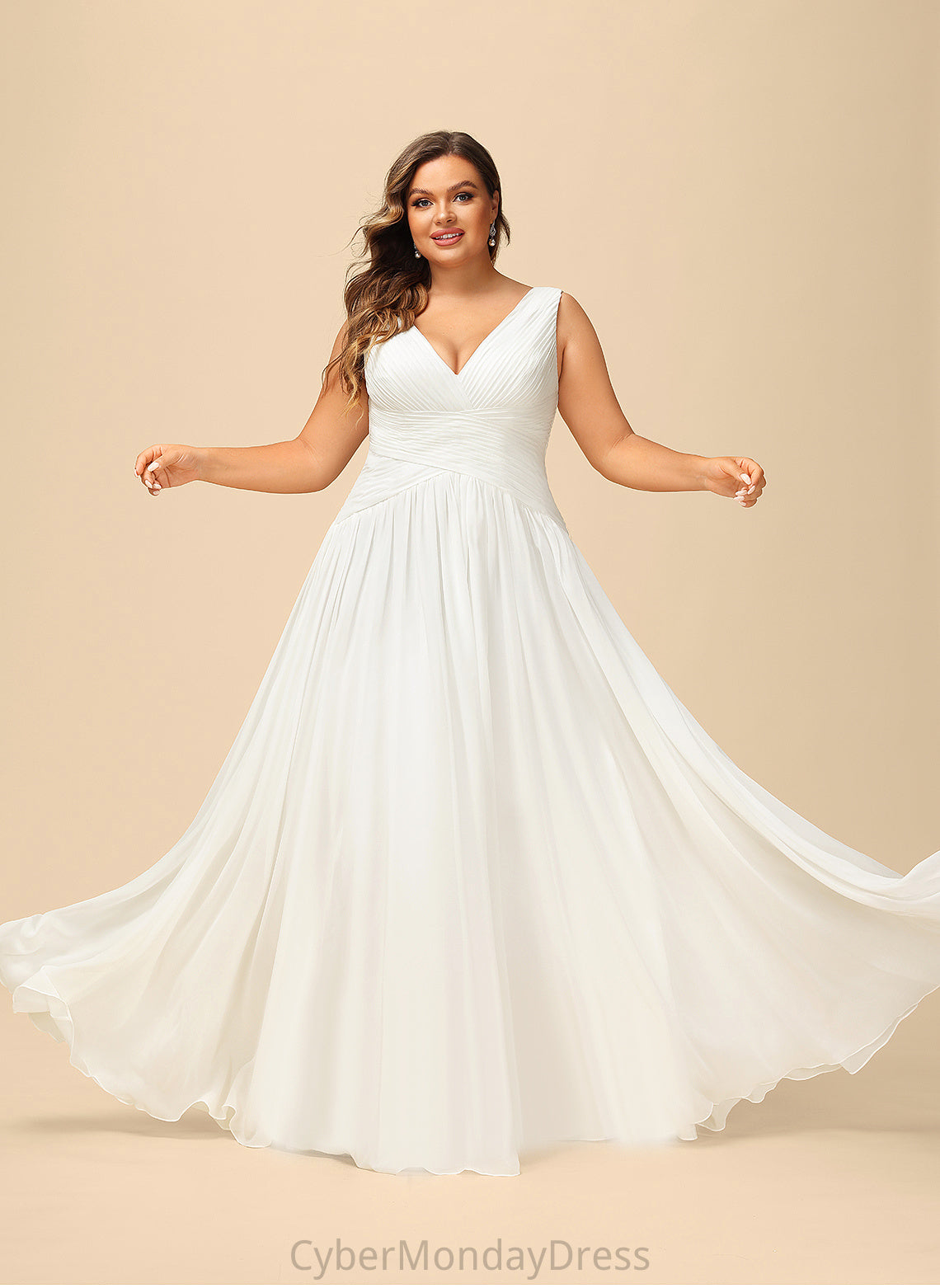 V-neck Eliza A-Line Wedding Dresses Pleated Wedding Floor-Length Chiffon Dress With