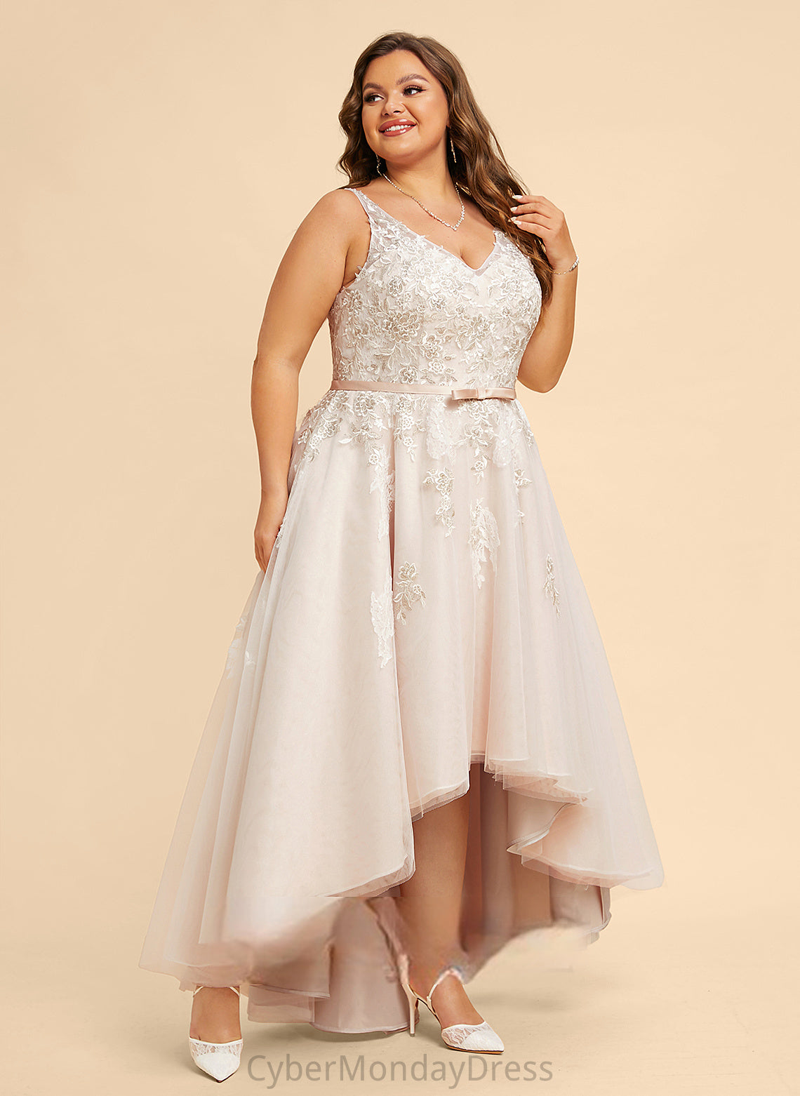 Asymmetrical Dress Tulle With Anahi Wedding Dresses V-neck A-Line Bow(s) Satin Wedding Lace