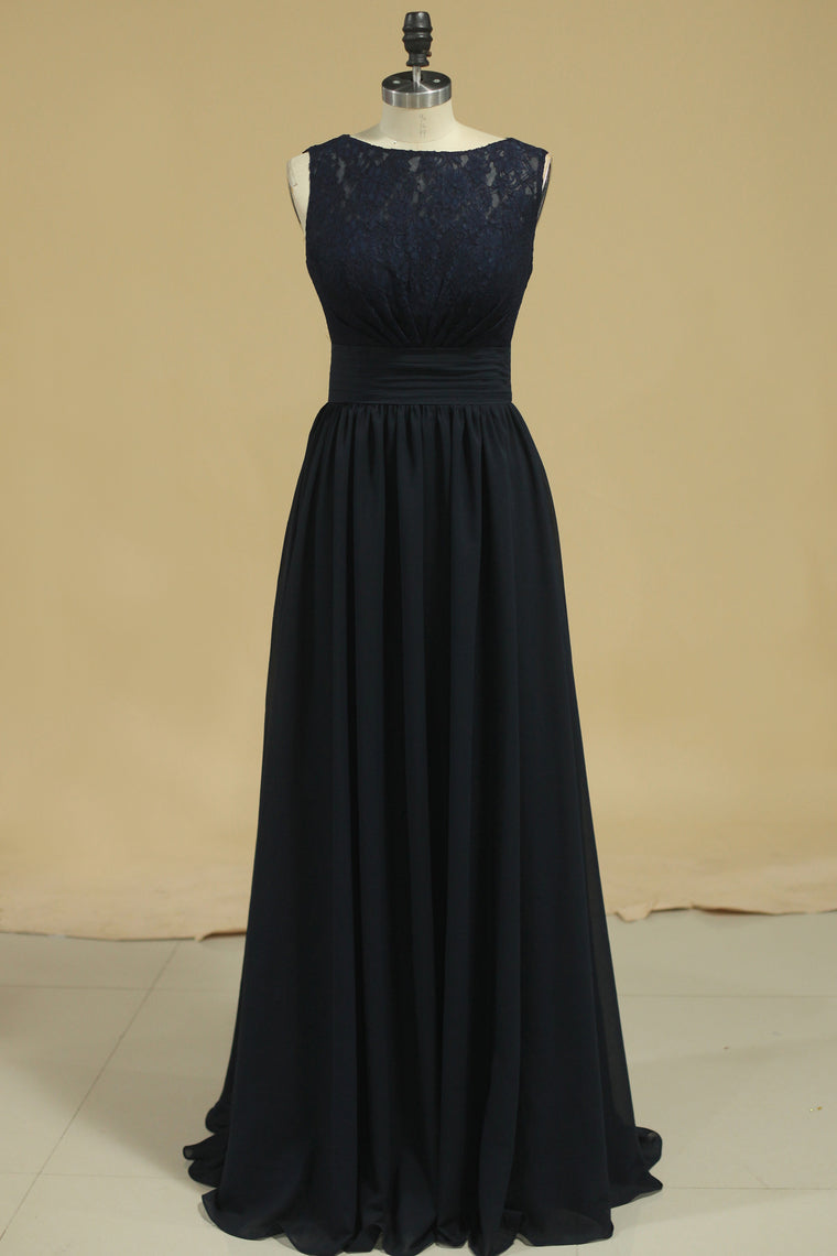 Open Back Scoop A Line Chiffon & Lace Bridesmaid Dresses